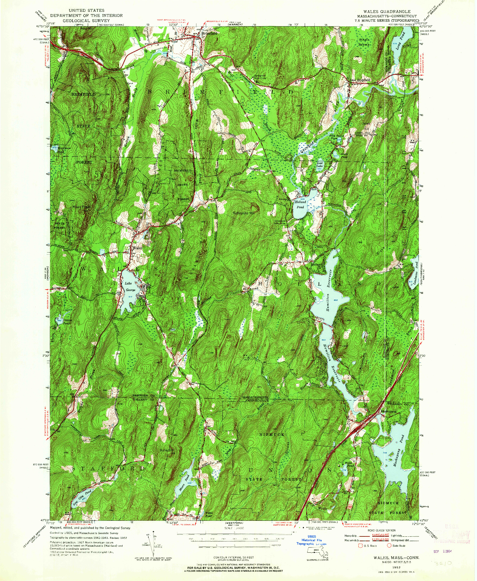 USGS 1:24000-SCALE QUADRANGLE FOR WALES, MA 1952