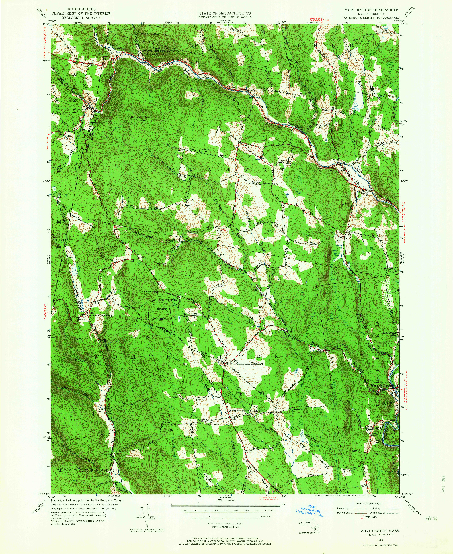 USGS 1:24000-SCALE QUADRANGLE FOR WORTHINGTON, MA 1956