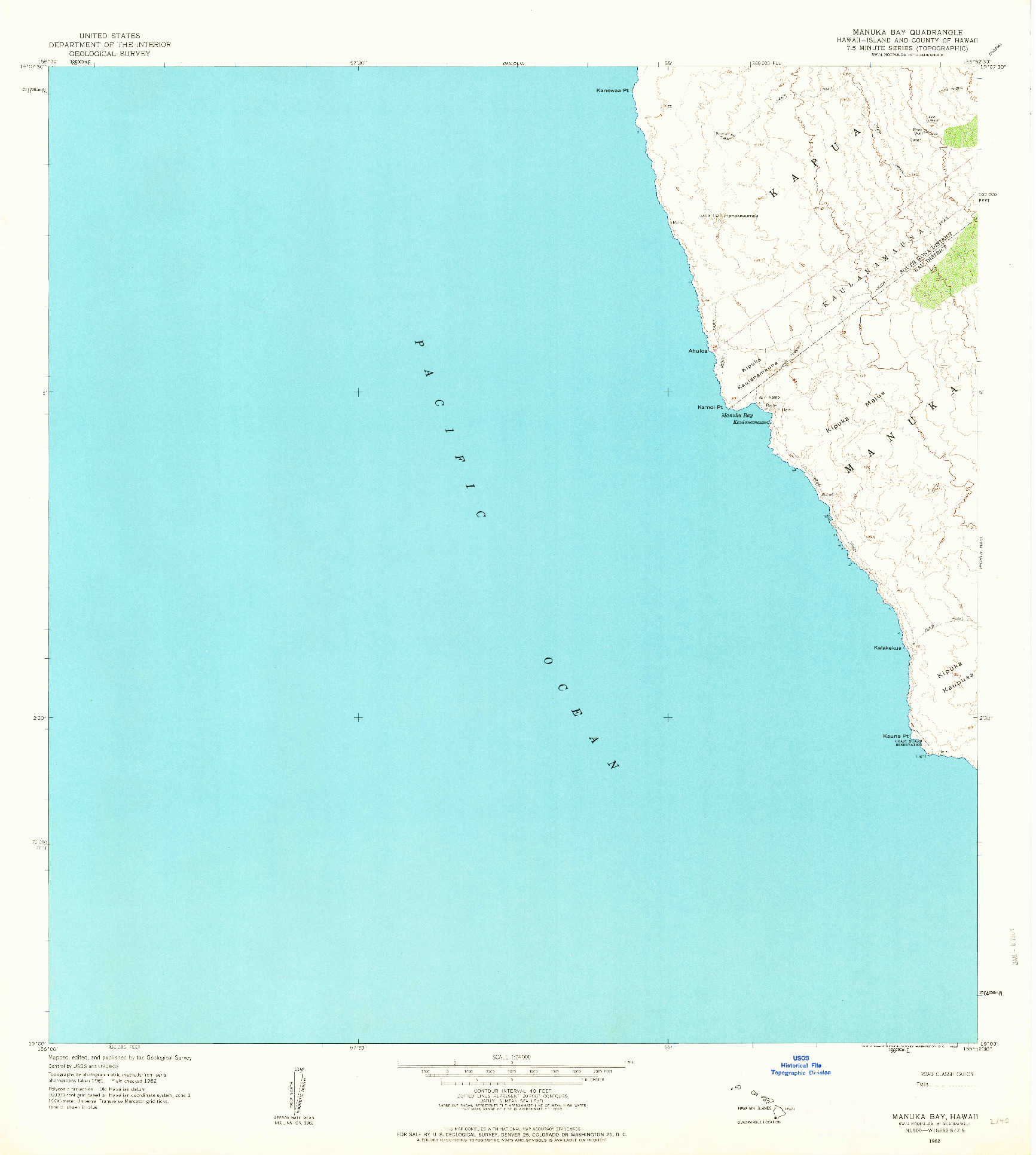 USGS 1:24000-SCALE QUADRANGLE FOR MANUKA BAY, HI 1962