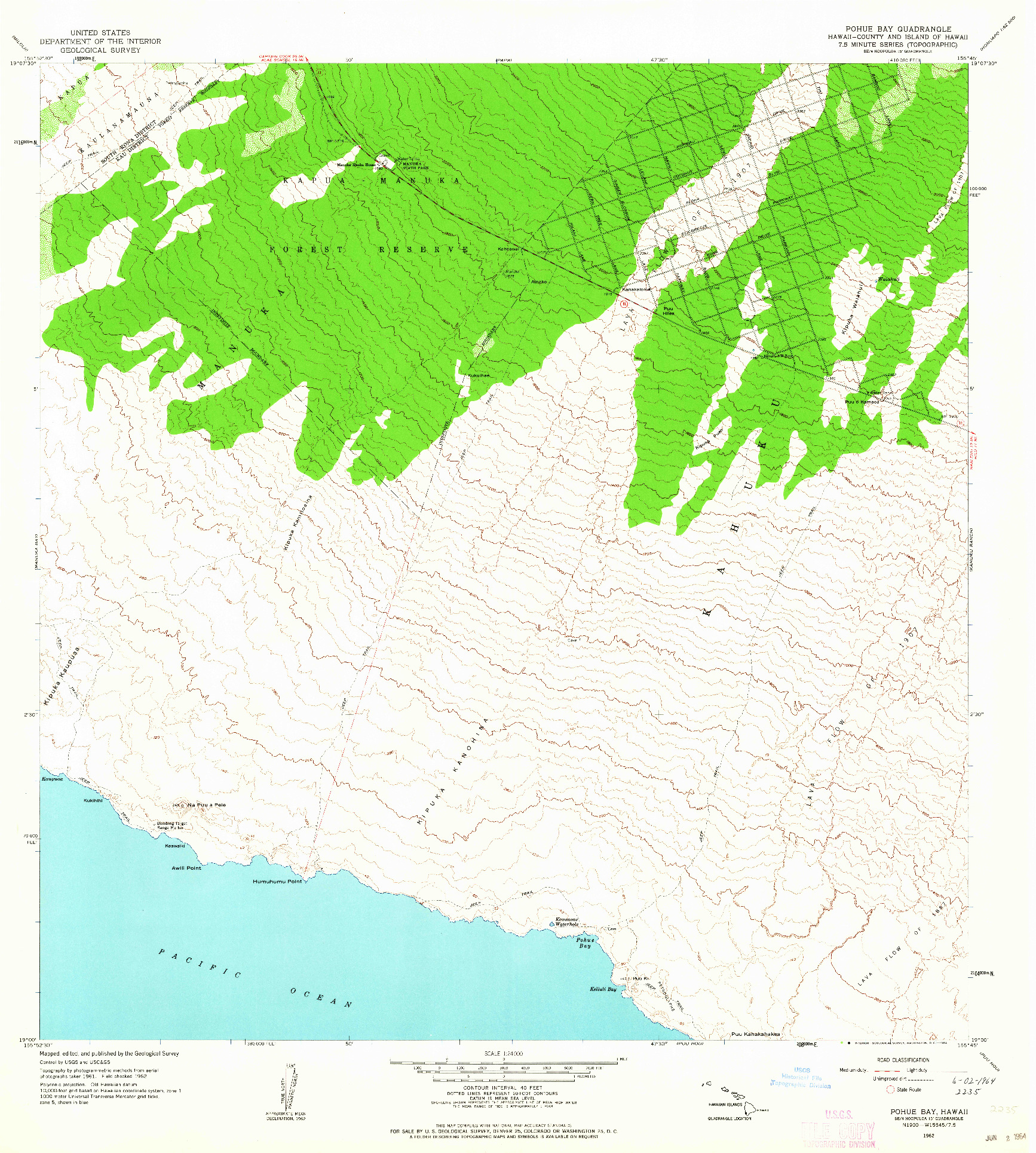USGS 1:24000-SCALE QUADRANGLE FOR POHUE BAY, HI 1962
