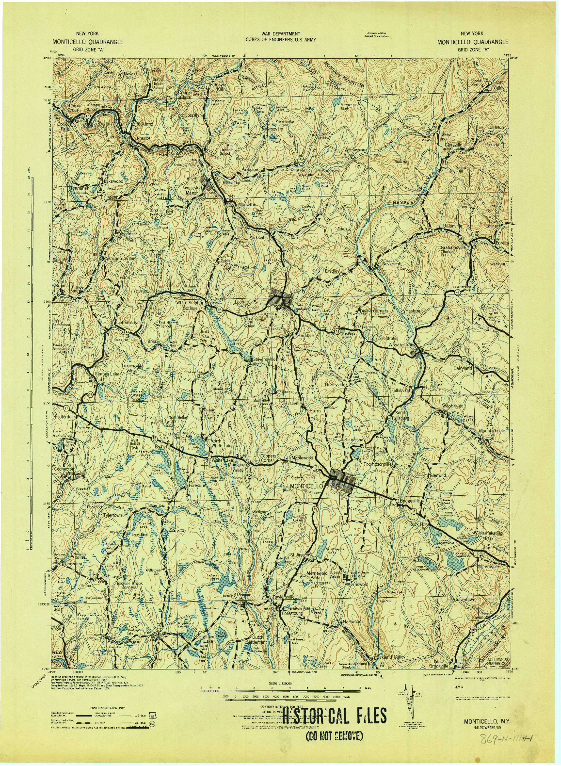 USGS 1:125000-SCALE QUADRANGLE FOR MONTICELLO, NY 1943