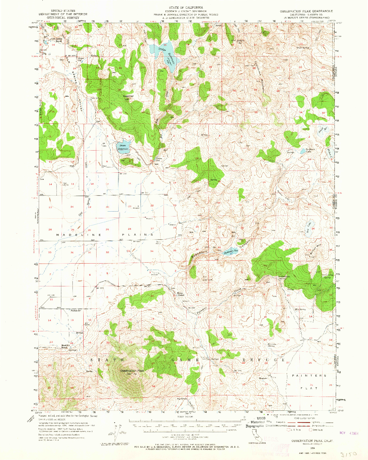 USGS 1:62500-SCALE QUADRANGLE FOR OBSERVATION PEAK, CA 1954