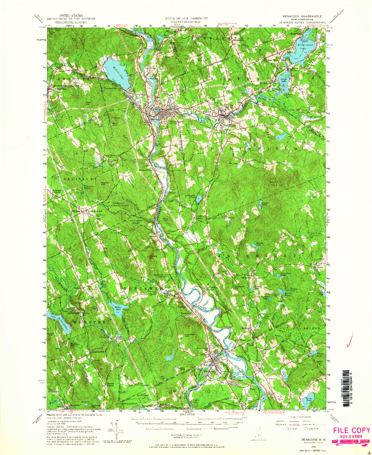 USGS 1:62500-SCALE QUADRANGLE FOR PENACOOK, NH 1956