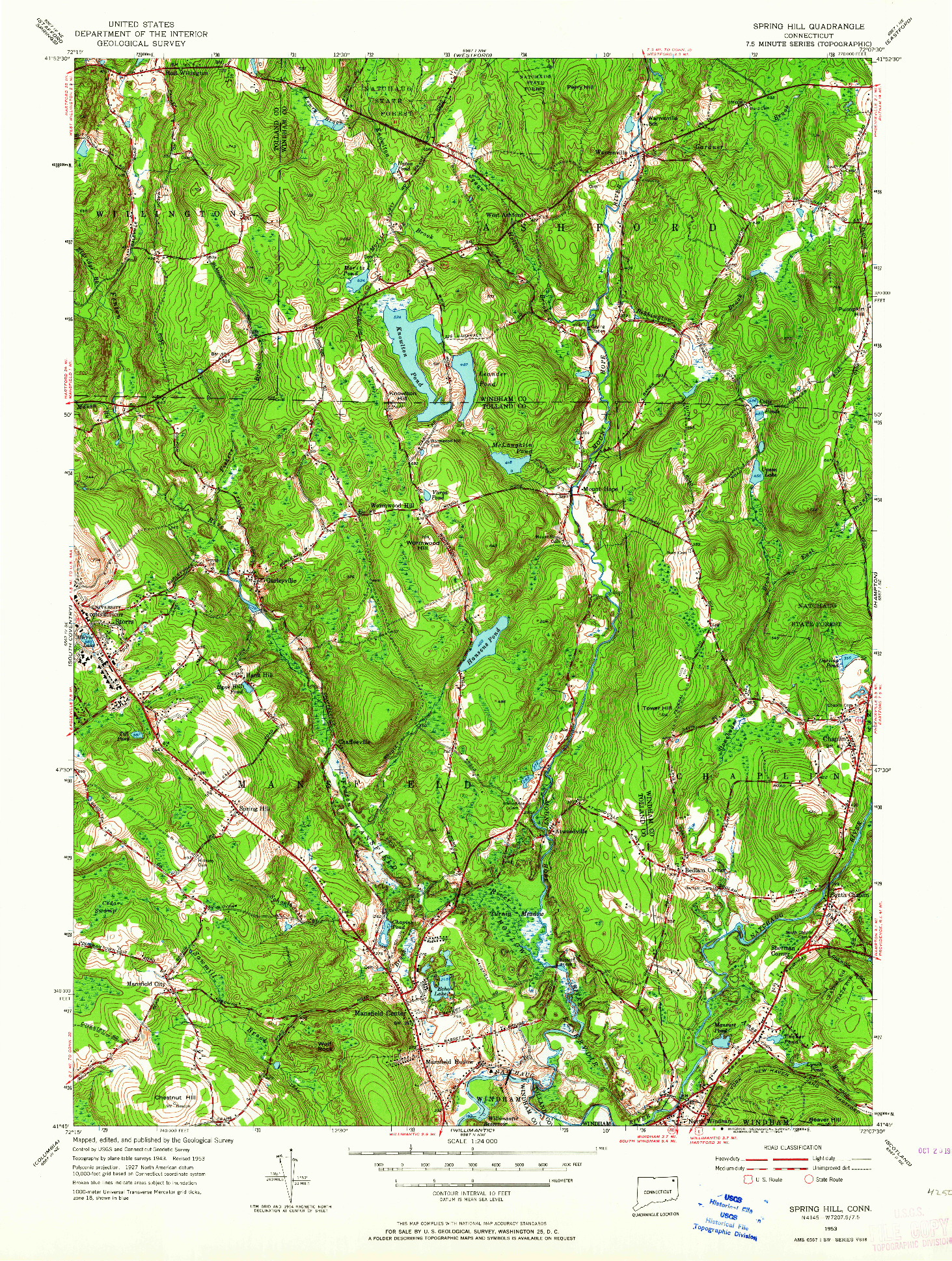 USGS 1:24000-SCALE QUADRANGLE FOR SPRING HILL, CT 1953