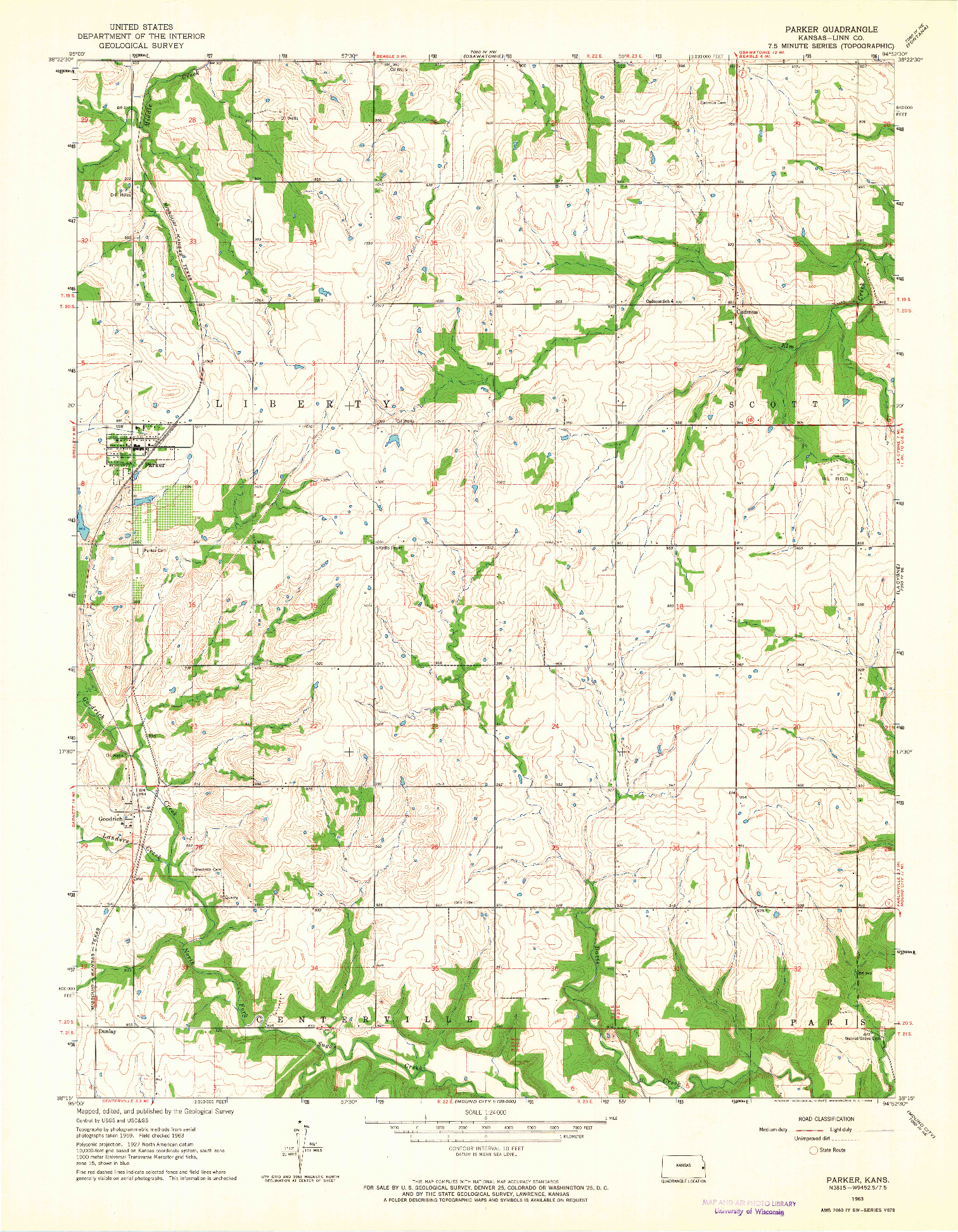 USGS 1:24000-SCALE QUADRANGLE FOR PARKER, KS 1963