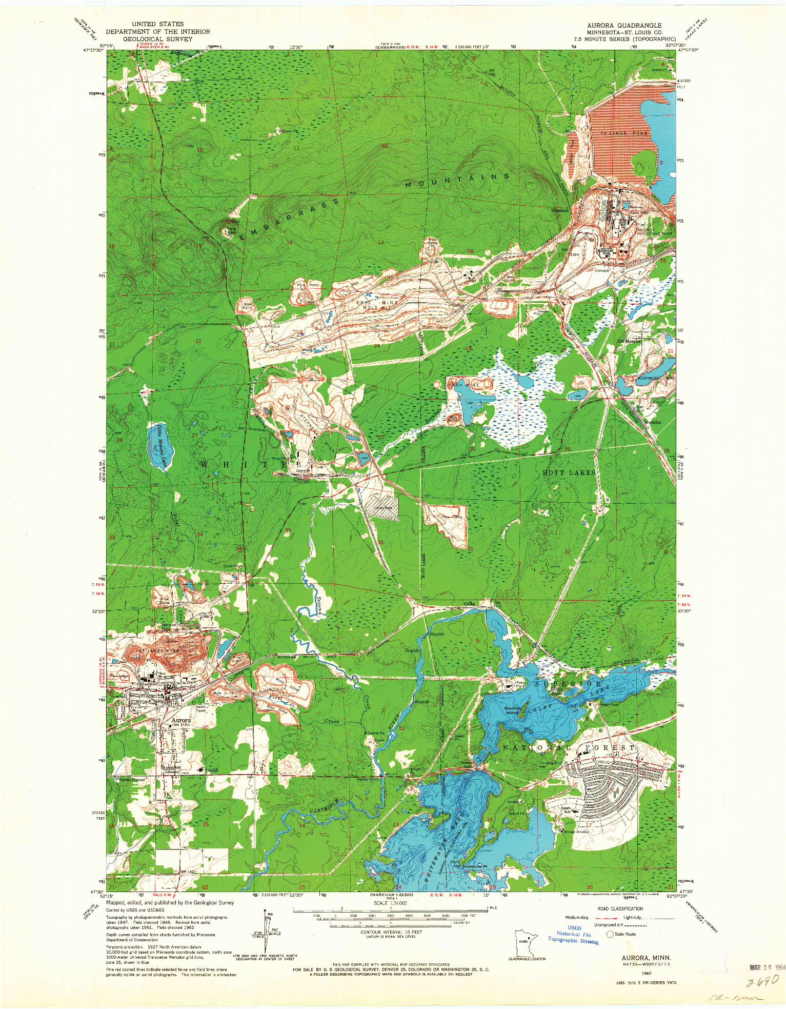 USGS 1:24000-SCALE QUADRANGLE FOR AURORA, MN 1962