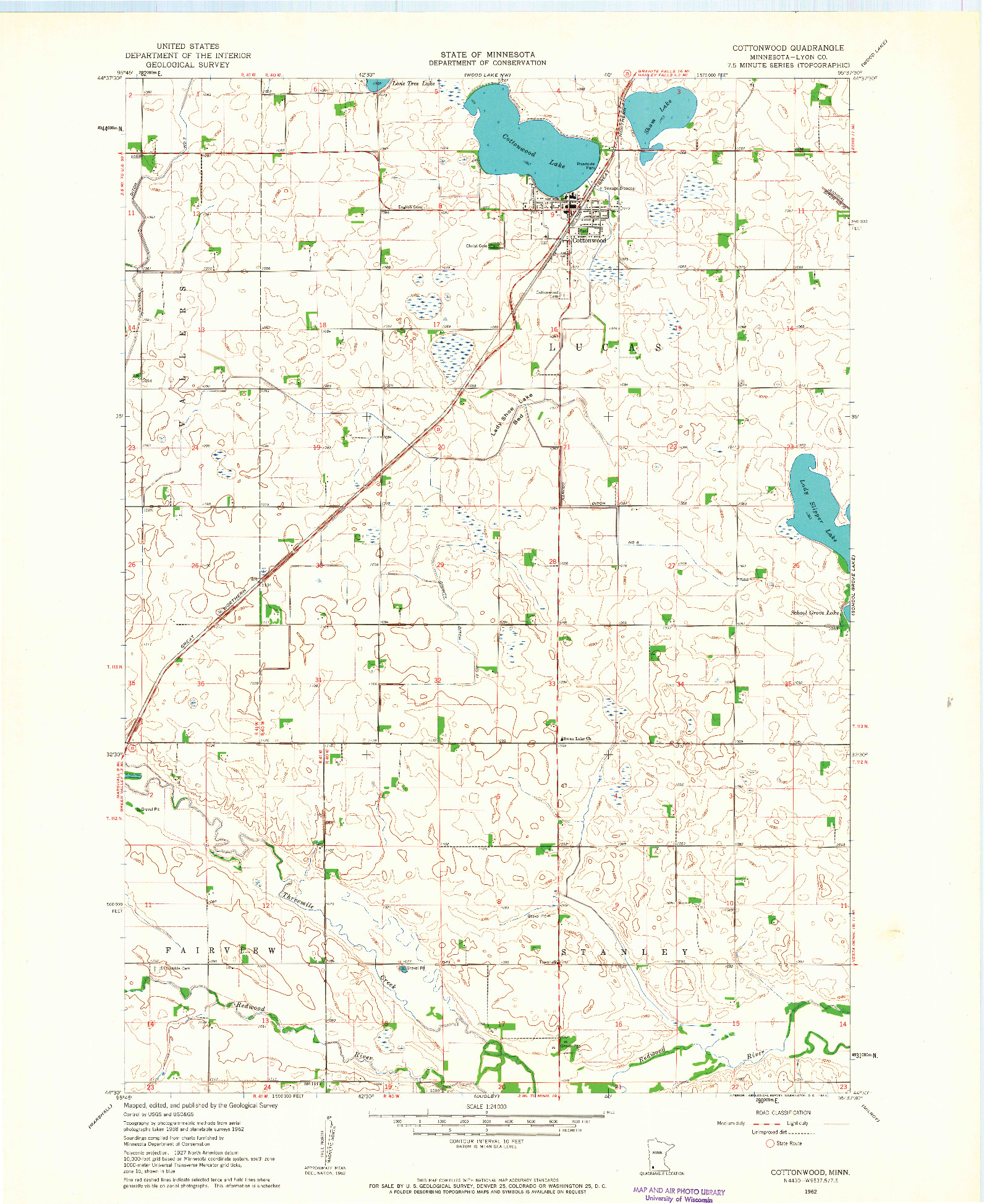 USGS 1:24000-SCALE QUADRANGLE FOR COTTONWOOD, MN 1962