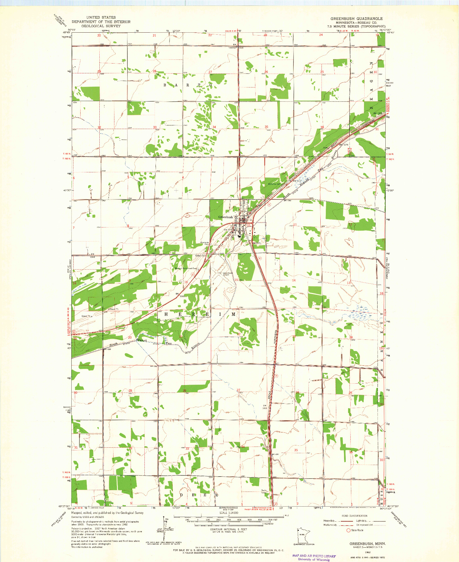 USGS 1:24000-SCALE QUADRANGLE FOR GREENBUSH, MN 1962