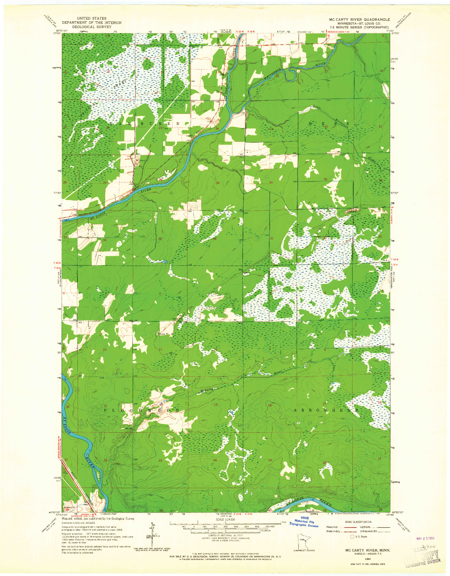 USGS 1:24000-SCALE QUADRANGLE FOR MC CARTY RIVER, MN 1963