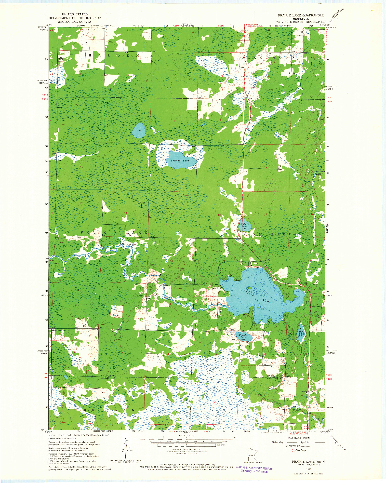 USGS 1:24000-SCALE QUADRANGLE FOR PRAIRIE LAKE, MN 1963