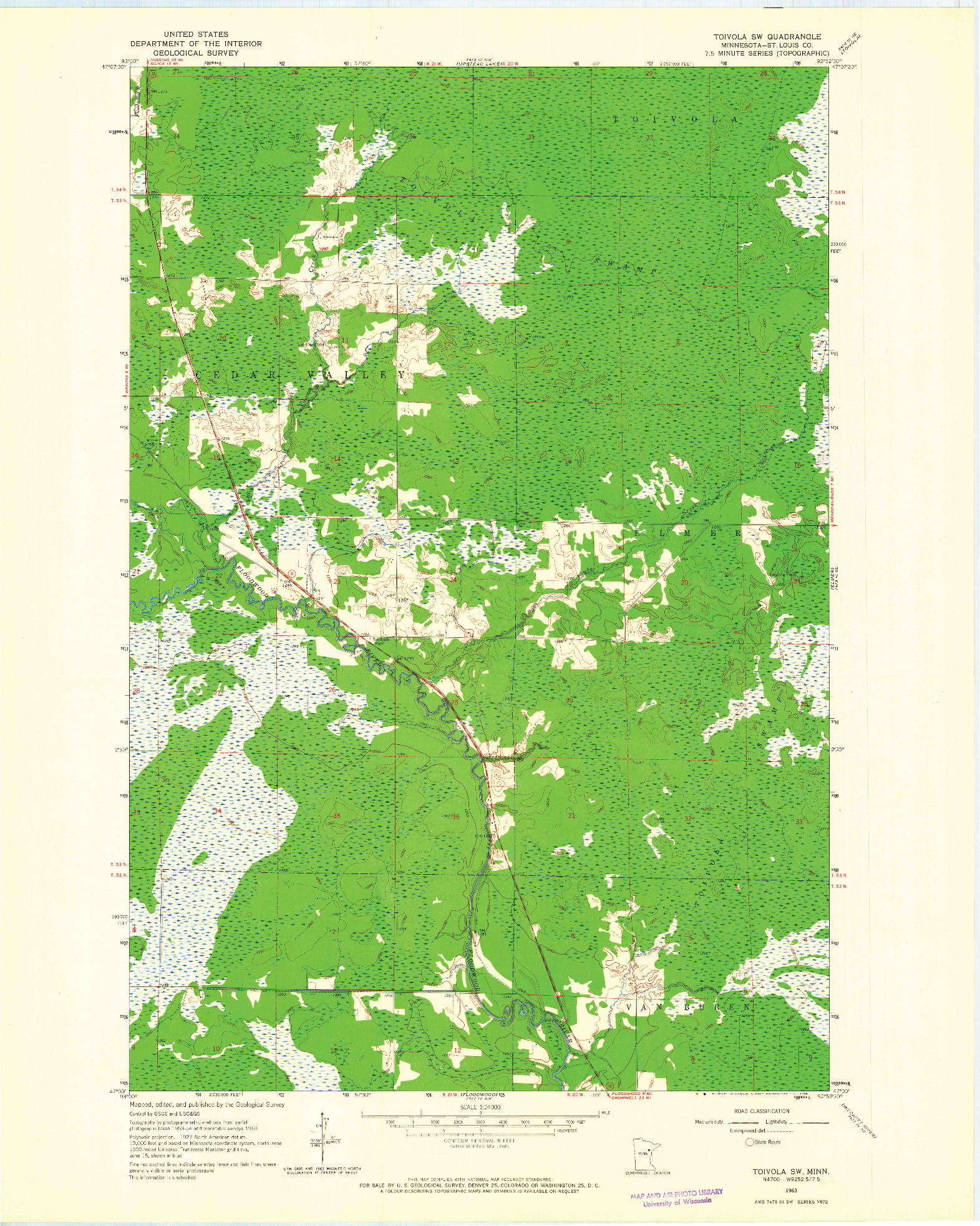USGS 1:24000-SCALE QUADRANGLE FOR TOIVOLA SW, MN 1963
