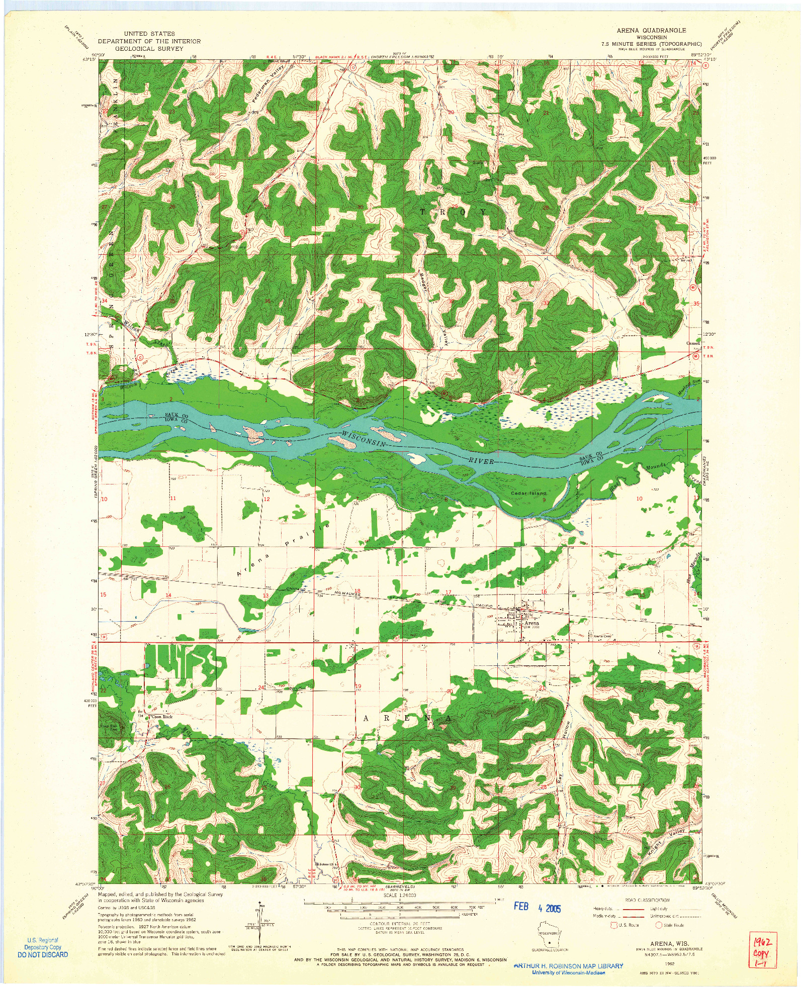 USGS 1:24000-SCALE QUADRANGLE FOR ARENA, WI 1962