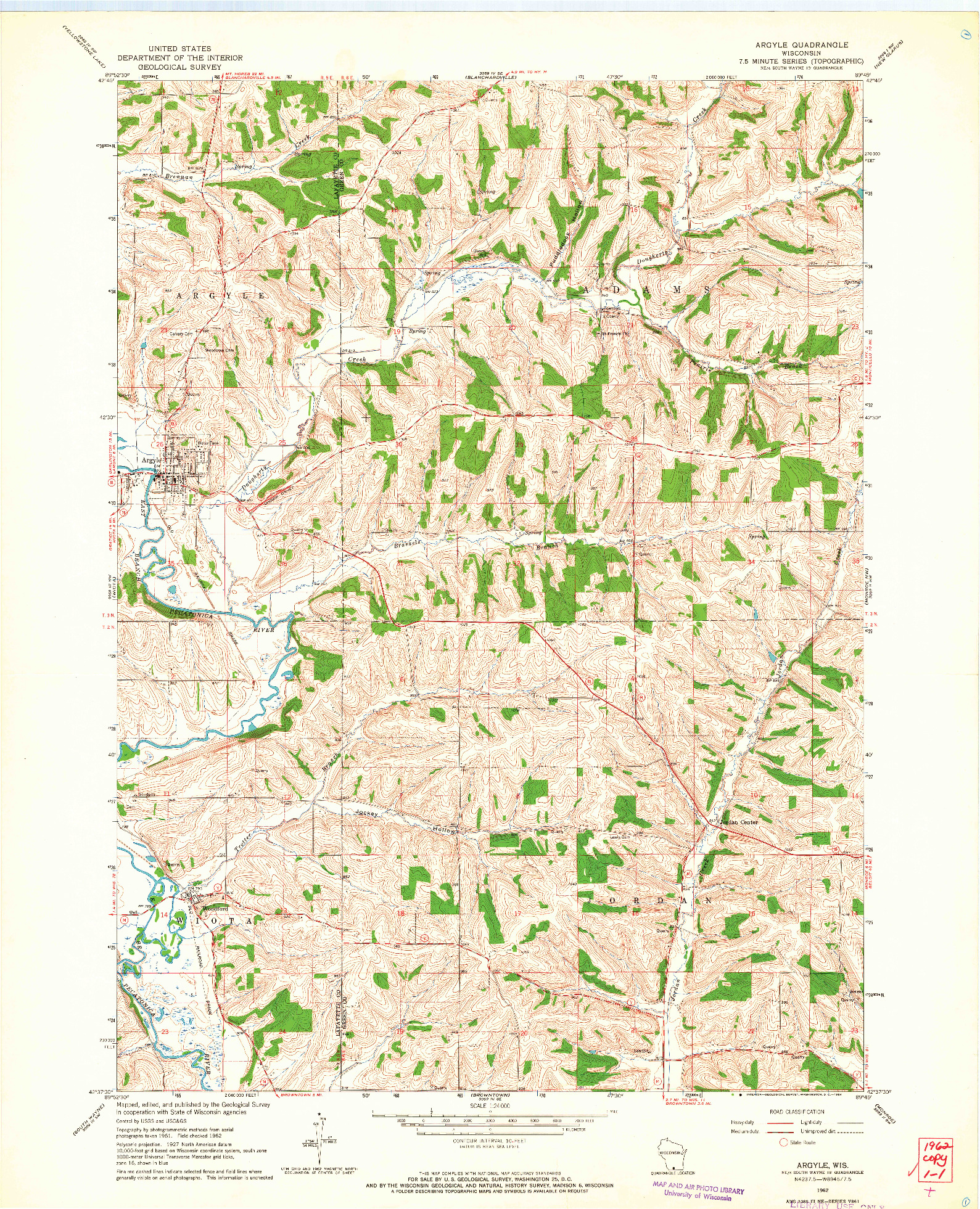 USGS 1:24000-SCALE QUADRANGLE FOR ARGYLE, WI 1962