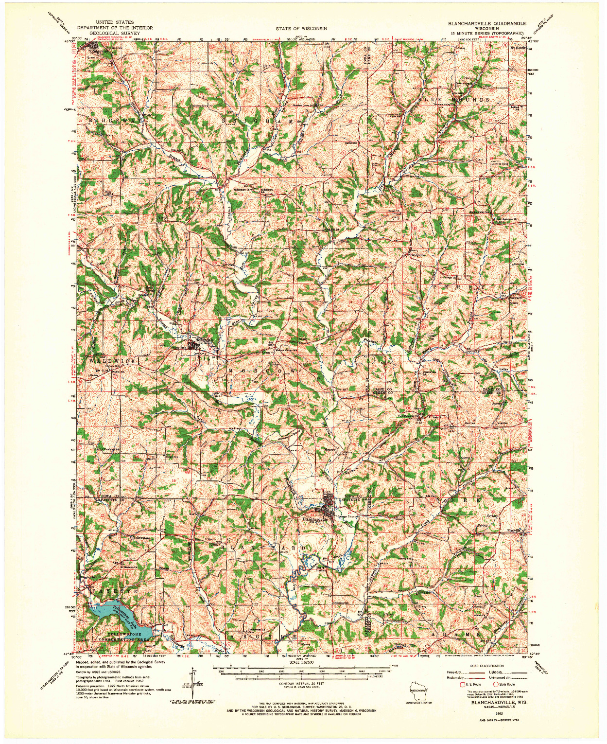 USGS 1:62500-SCALE QUADRANGLE FOR BLANCHARDVILLE, WI 1962