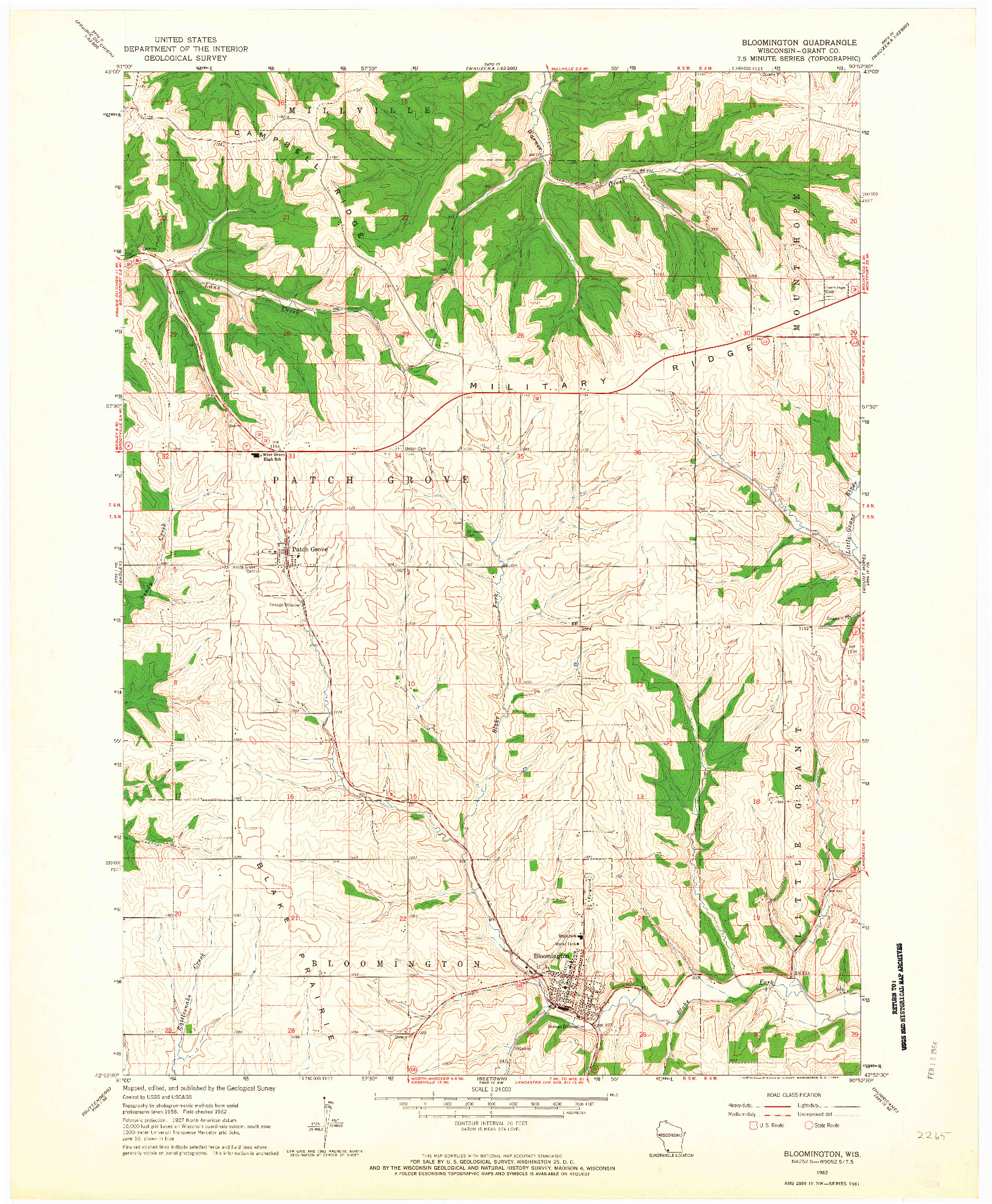 USGS 1:24000-SCALE QUADRANGLE FOR BLOOMINGTON, WI 1962