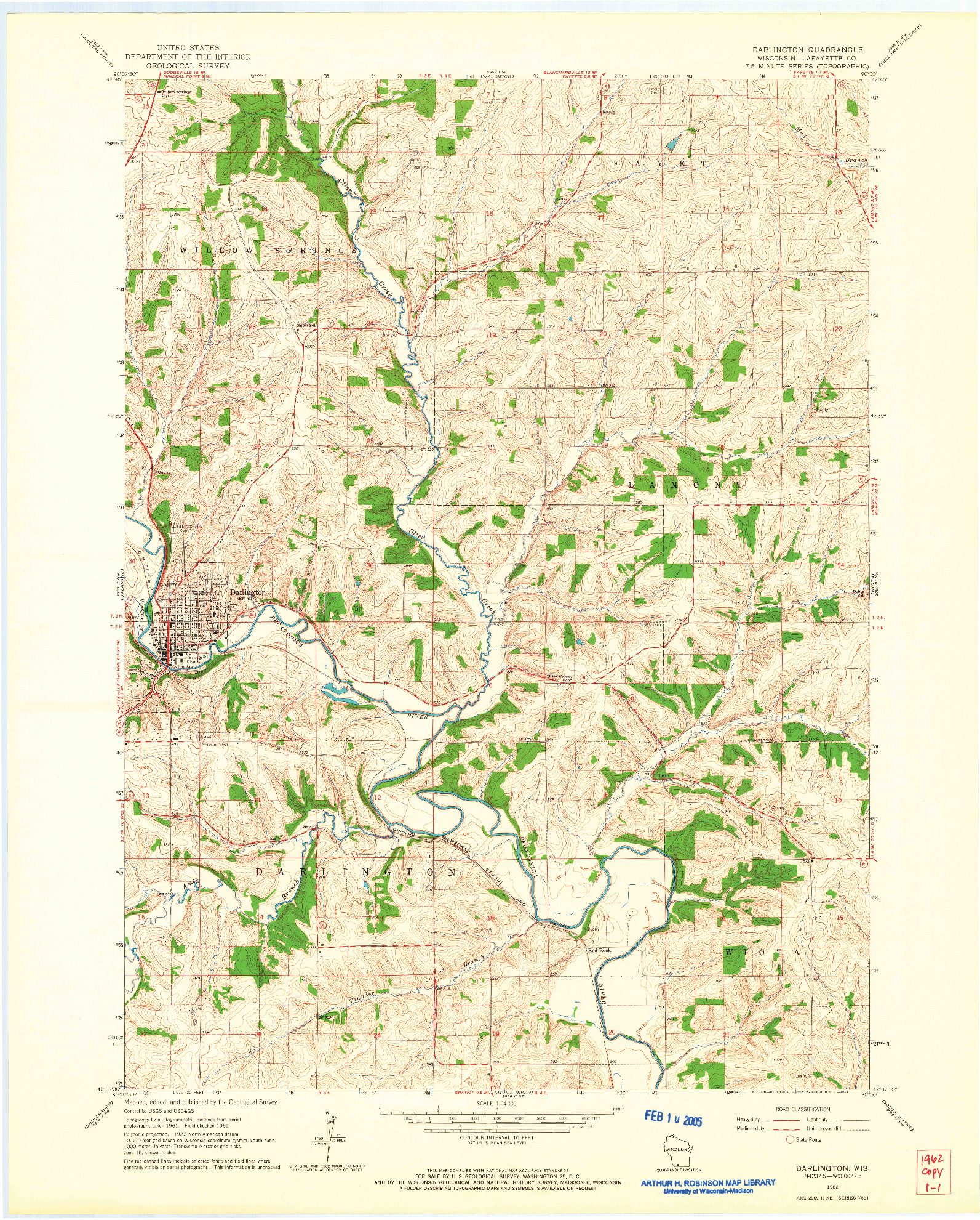 USGS 1:24000-SCALE QUADRANGLE FOR DARLINGTON, WI 1962