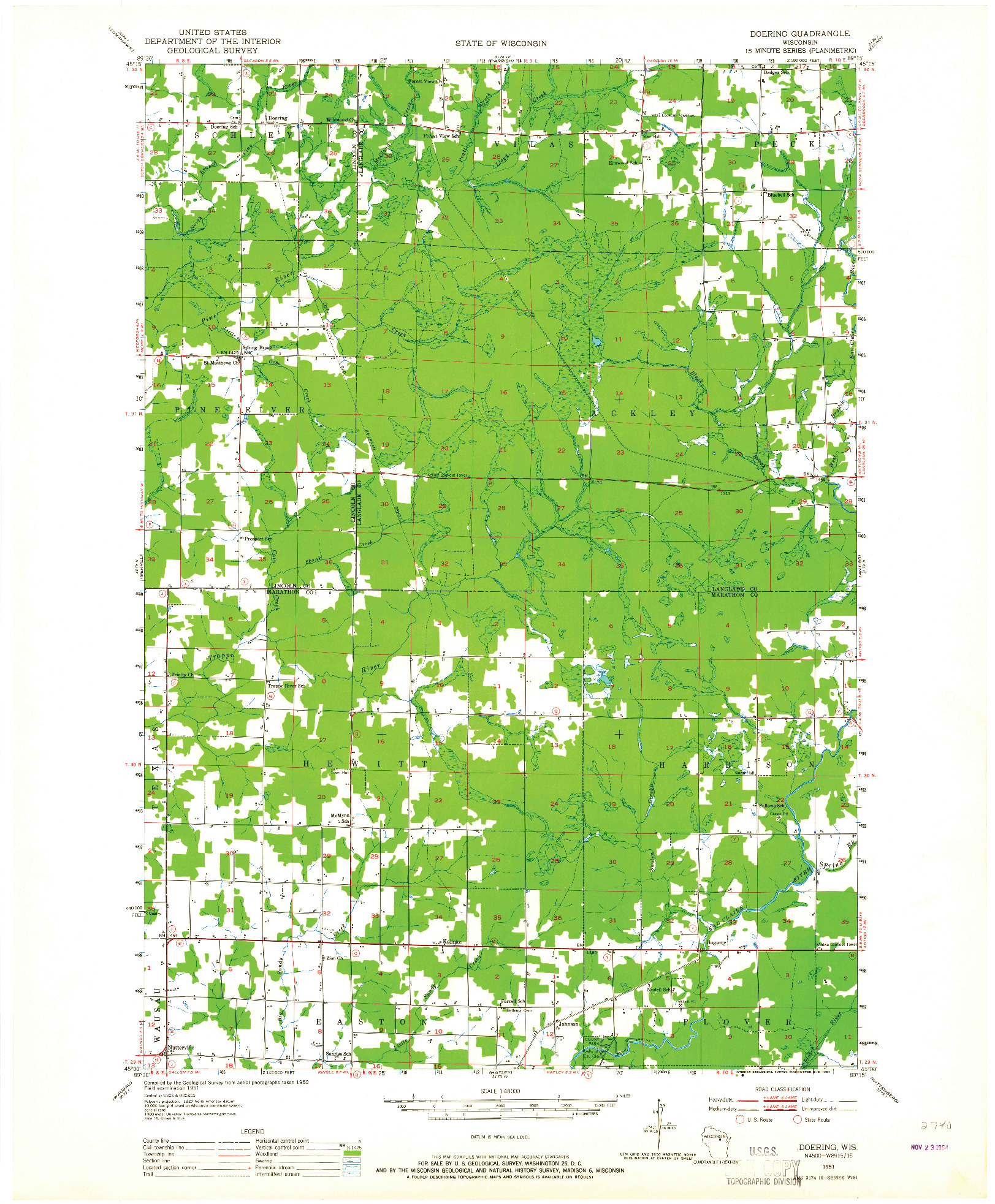 USGS 1:48000-SCALE QUADRANGLE FOR DOERING, WI 1951