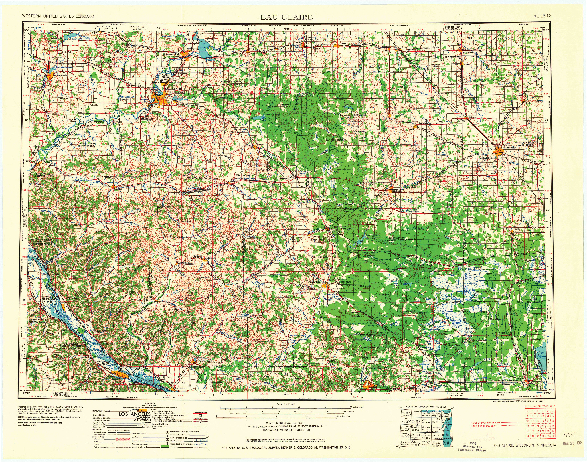 USGS 1:250000-SCALE QUADRANGLE FOR EAU CLAIRE, WI 1964