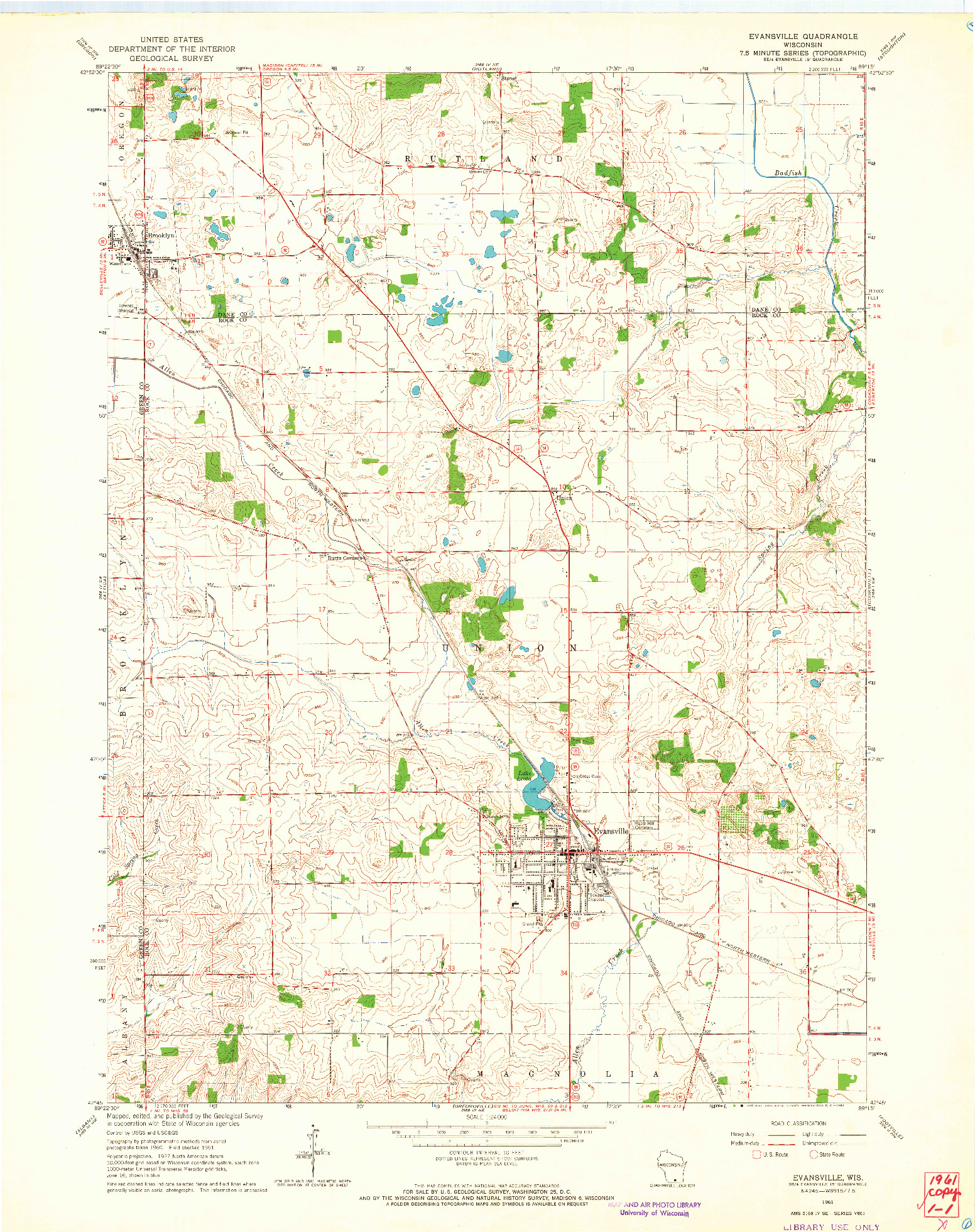 USGS 1:24000-SCALE QUADRANGLE FOR EVANSVILLE, WI 1961