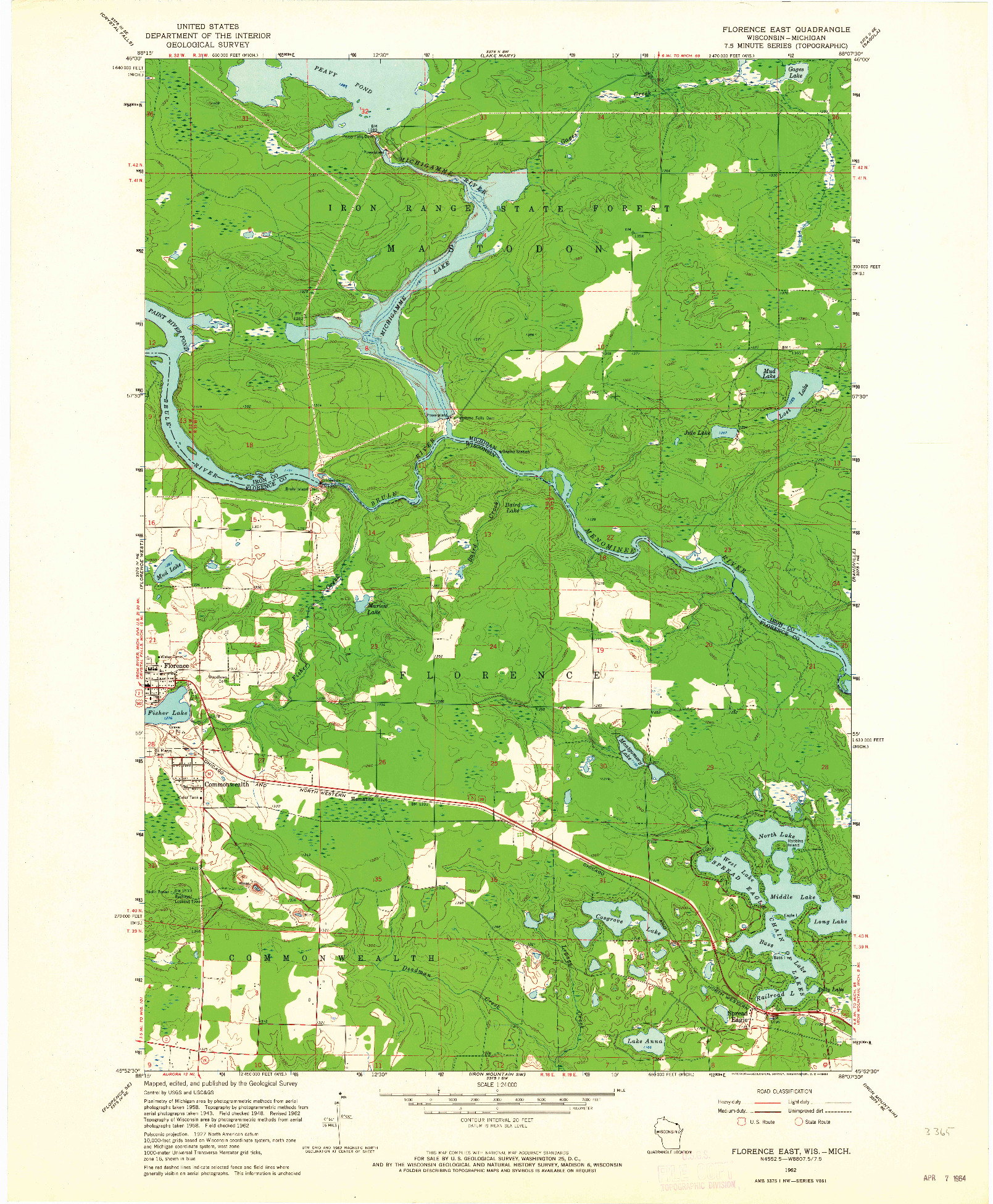 USGS 1:24000-SCALE QUADRANGLE FOR FLORENCE EAST, WI 1962