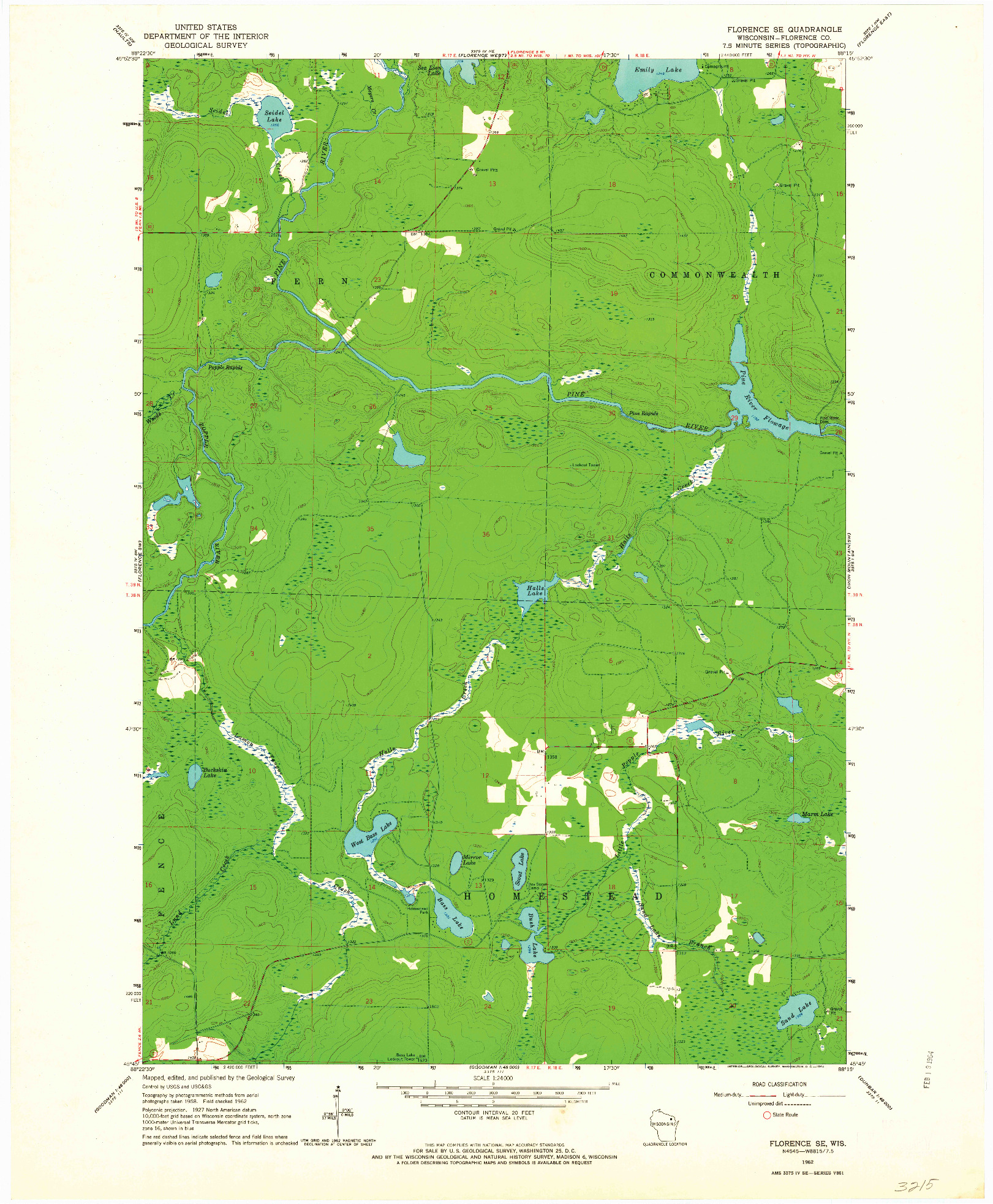 USGS 1:24000-SCALE QUADRANGLE FOR FLORENCE SE, WI 1962
