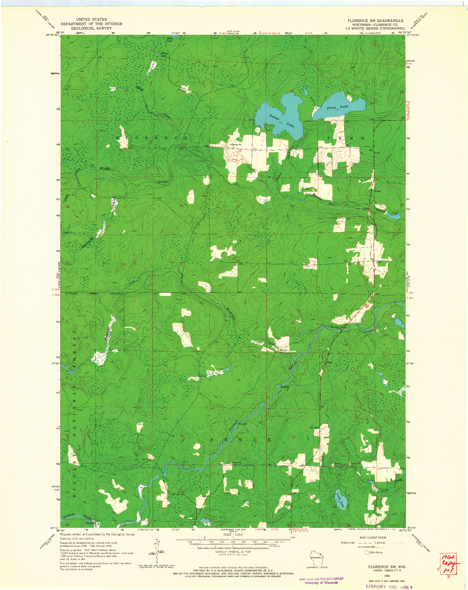 USGS 1:24000-SCALE QUADRANGLE FOR FLORENCE SW, WI 1962