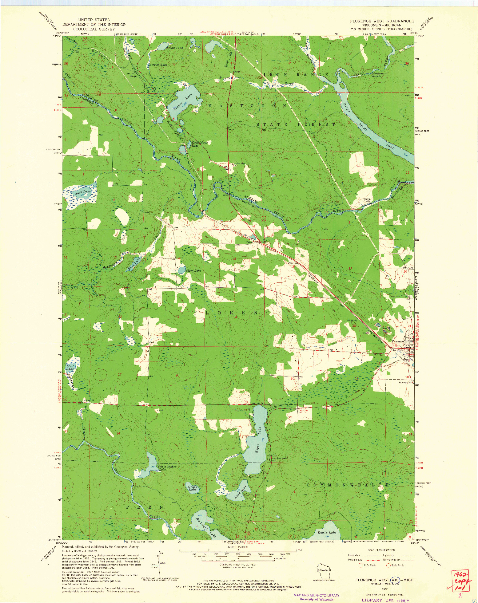 USGS 1:24000-SCALE QUADRANGLE FOR FLORENCE WEST, WI 1962