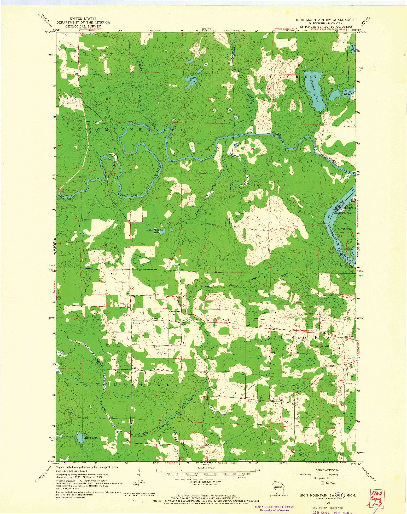 USGS 1:24000-SCALE QUADRANGLE FOR IRON MOUNTAIN SW, WI 1962