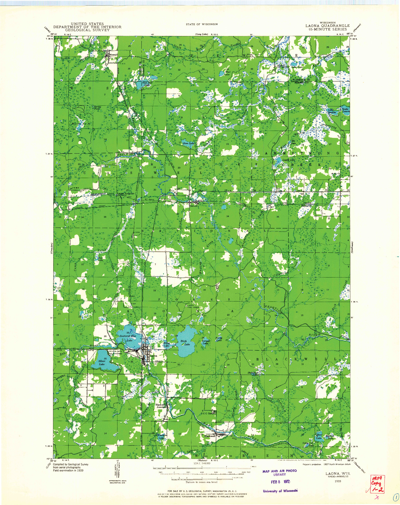 USGS 1:48000-SCALE QUADRANGLE FOR LAONA, WI 1939