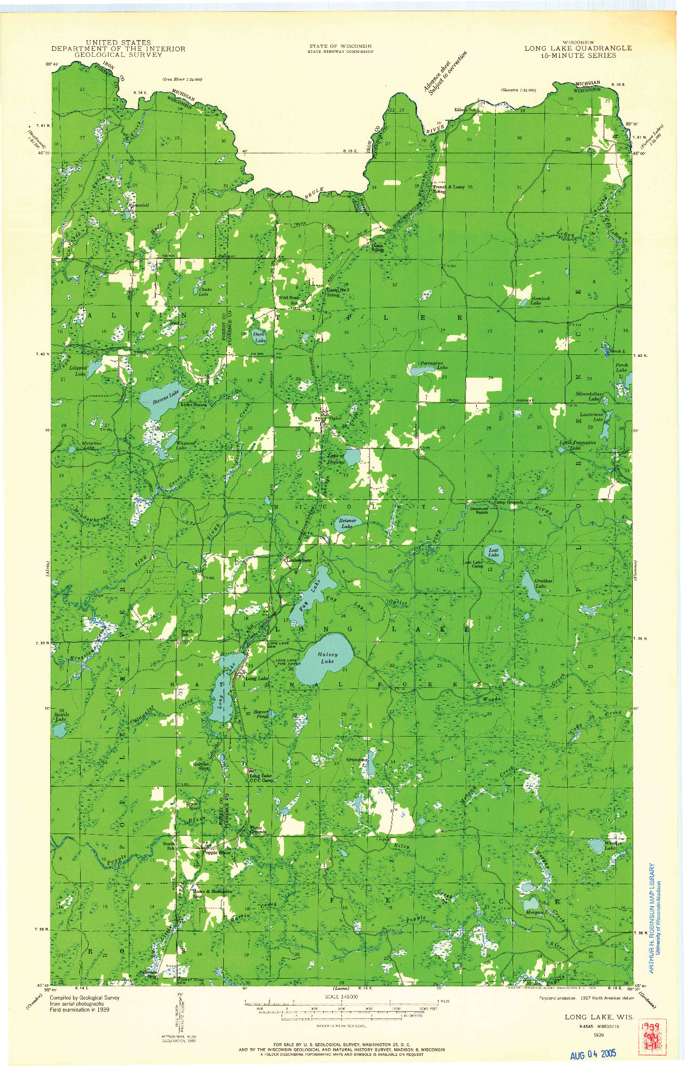 USGS 1:48000-SCALE QUADRANGLE FOR LONG LAKE, WI 1939