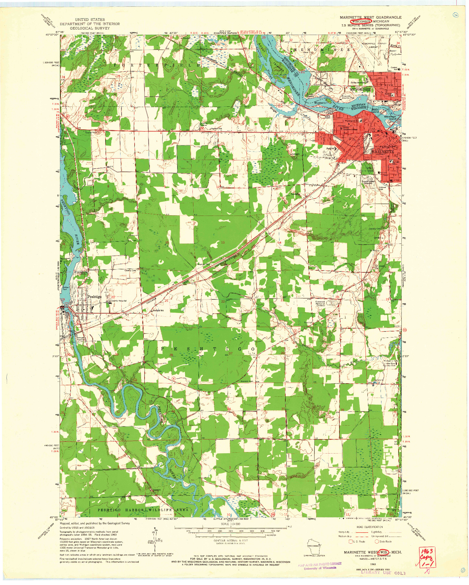 USGS 1:24000-SCALE QUADRANGLE FOR MARINETTE WEST, WI 1963