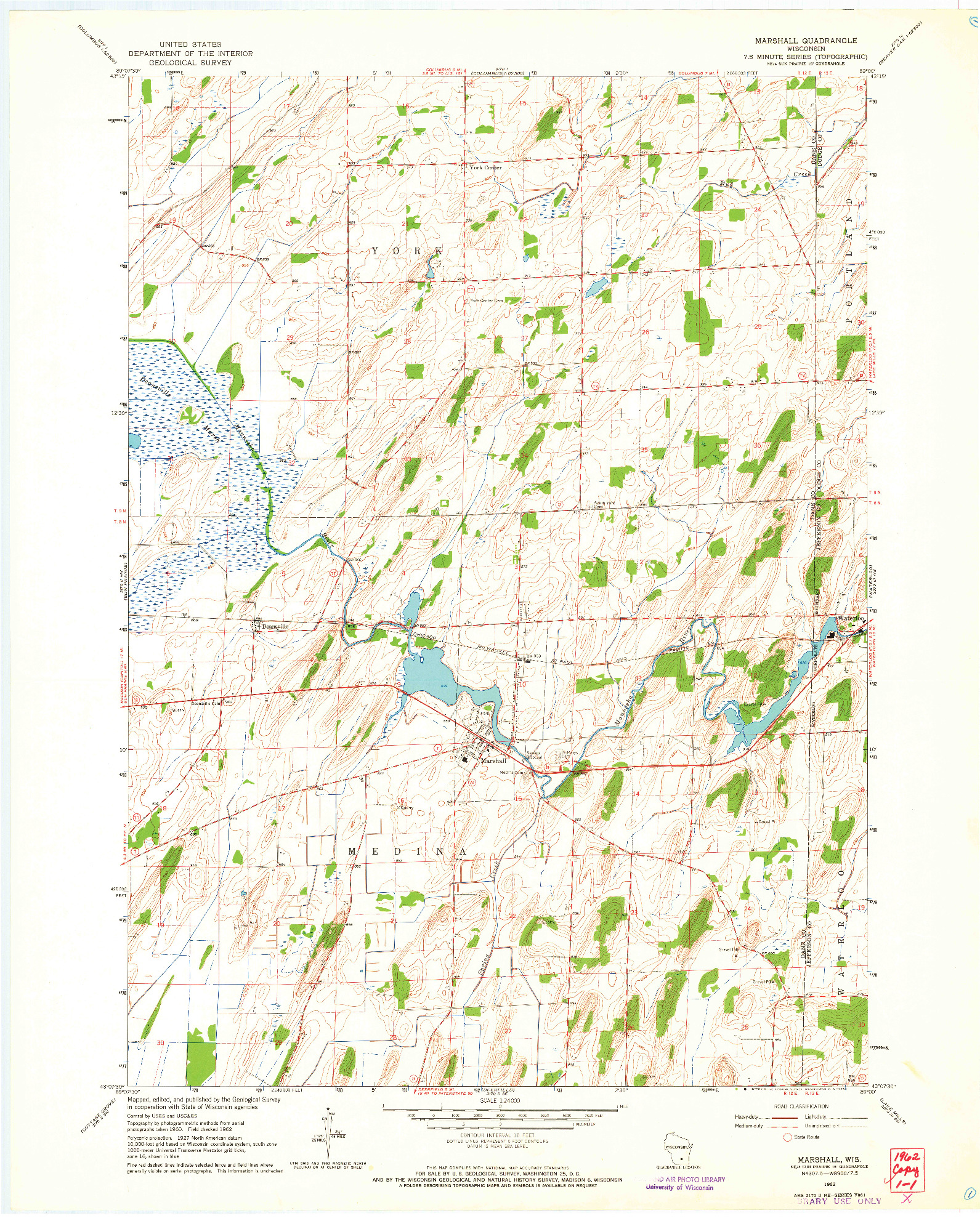 USGS 1:24000-SCALE QUADRANGLE FOR MARSHALL, WI 1962