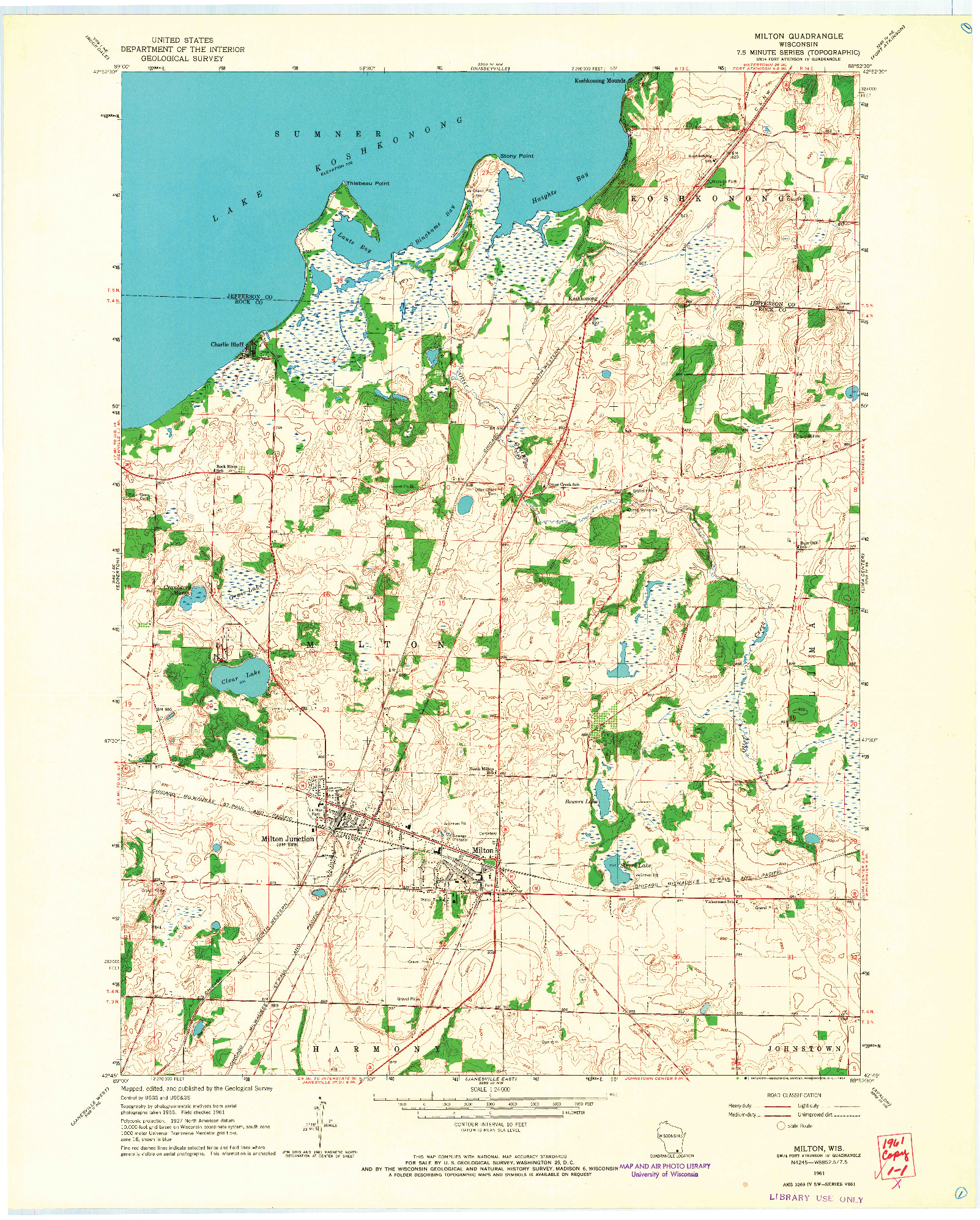 USGS 1:24000-SCALE QUADRANGLE FOR MILTON, WI 1961