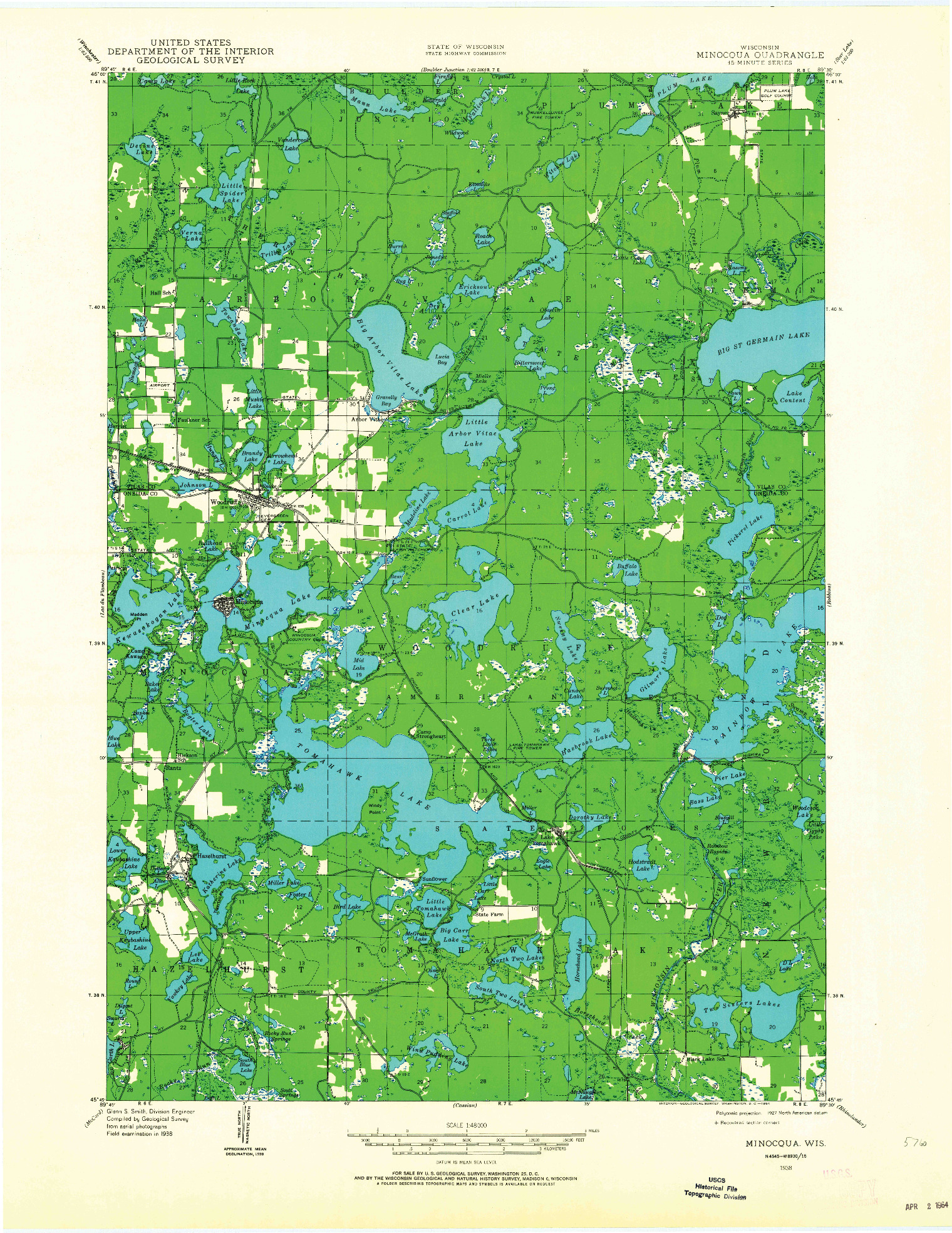 USGS 1:48000-SCALE QUADRANGLE FOR MINOCQUA, WI 1938