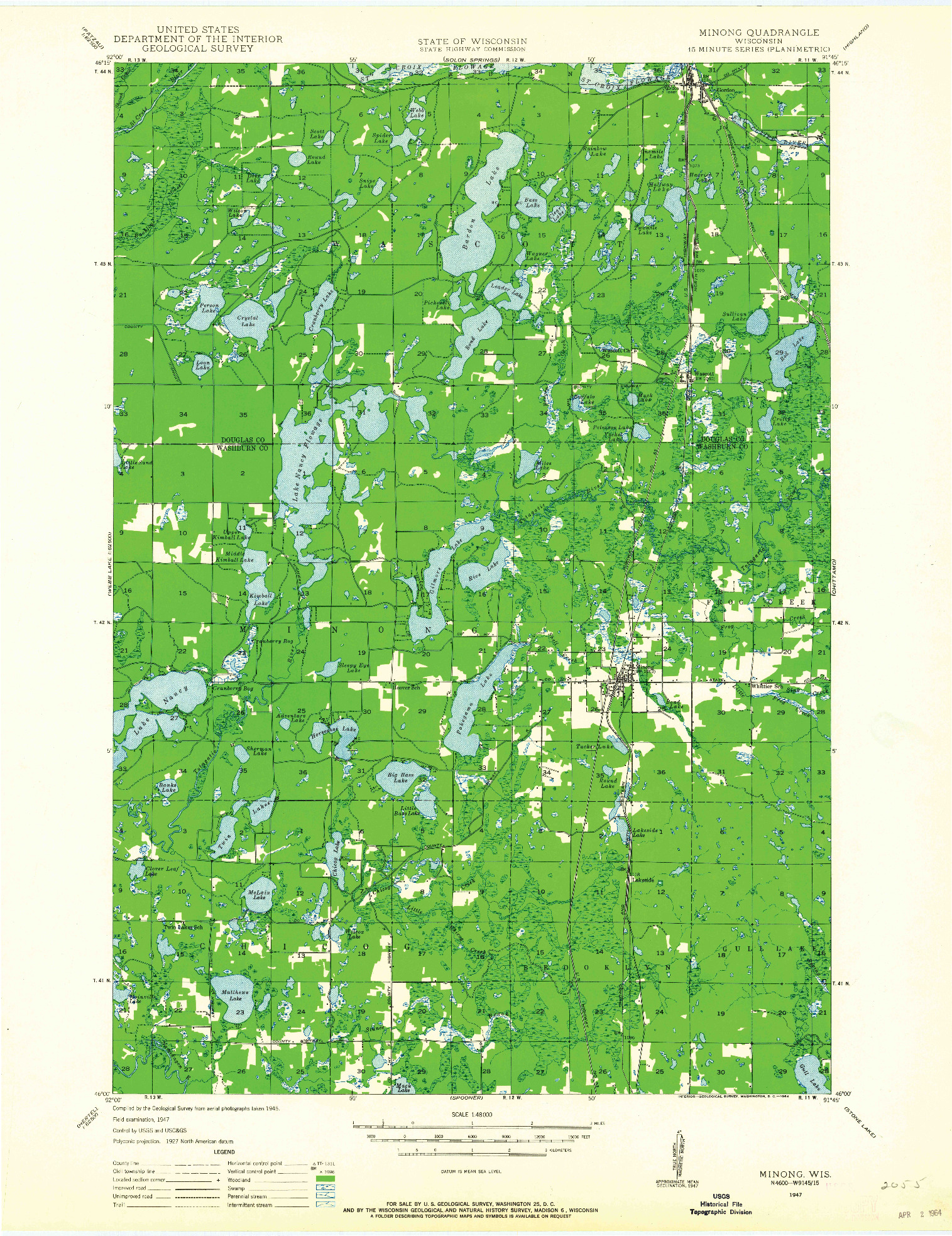 USGS 1:48000-SCALE QUADRANGLE FOR MINONG, WI 1947