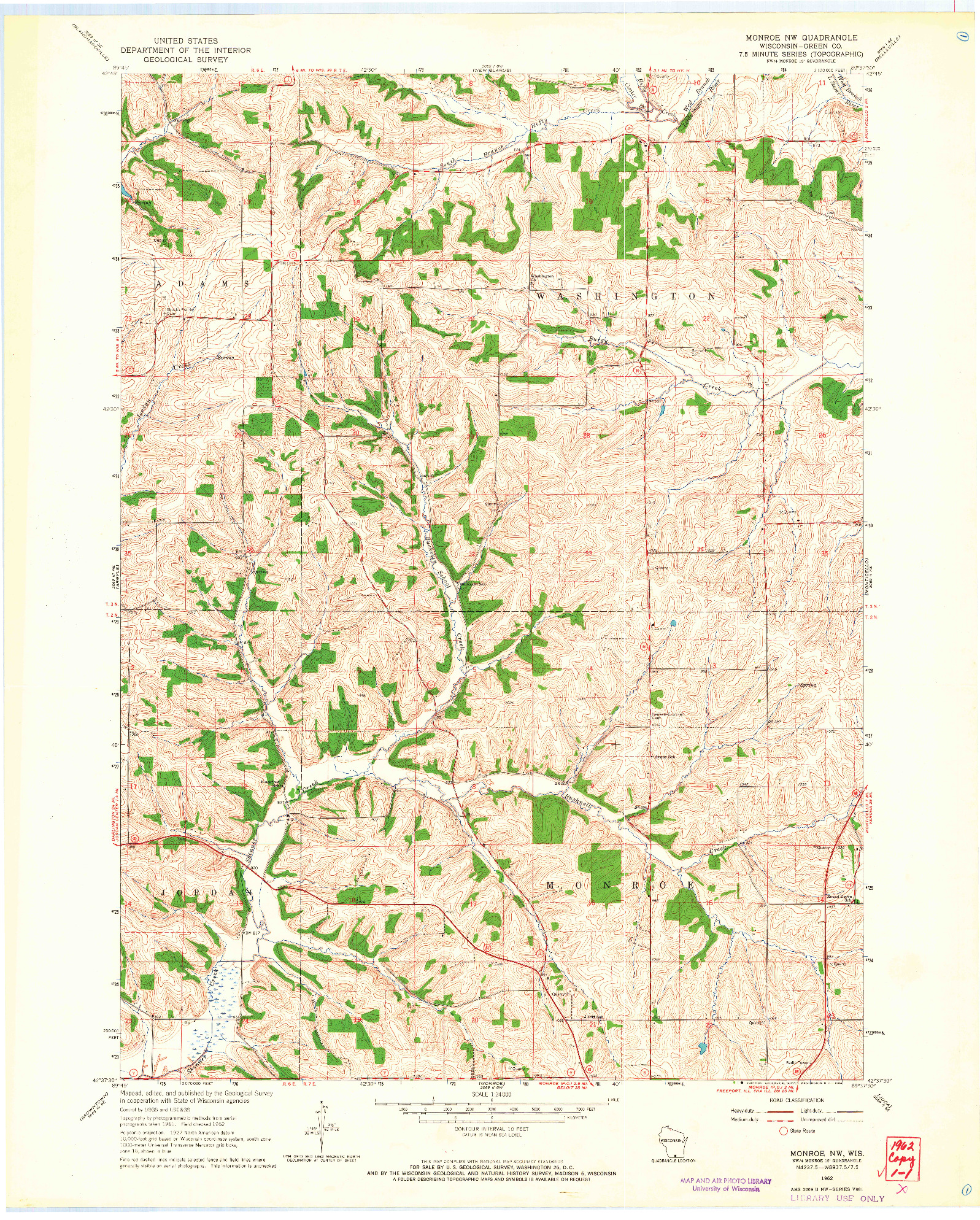 USGS 1:24000-SCALE QUADRANGLE FOR MONROE NW, WI 1962