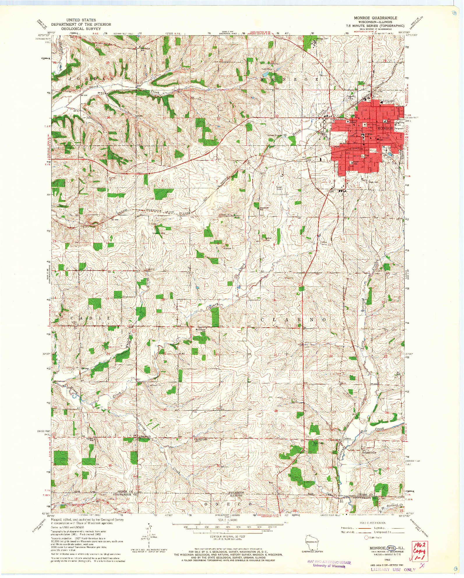 USGS 1:24000-SCALE QUADRANGLE FOR MONROE, WI 1962