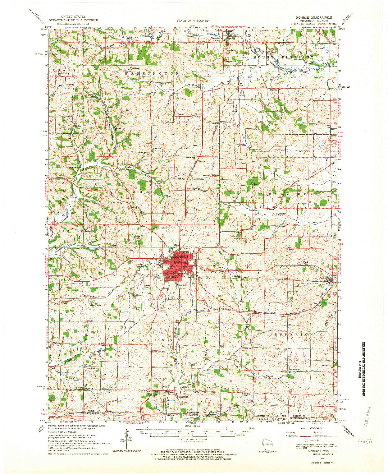 USGS 1:62500-SCALE QUADRANGLE FOR MONROE, WI 1962