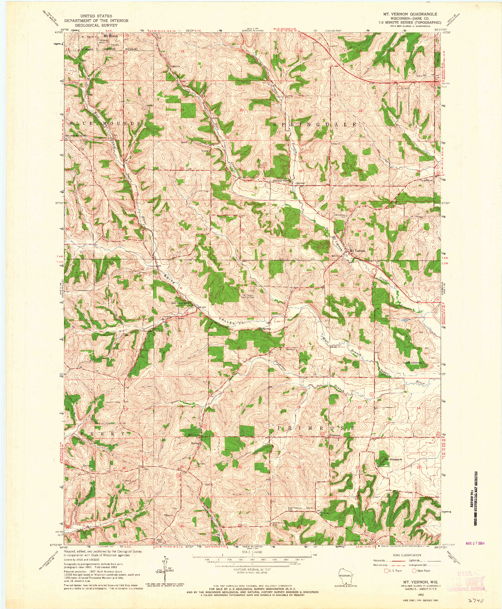 USGS 1:24000-SCALE QUADRANGLE FOR MT. VERNON, WI 1962