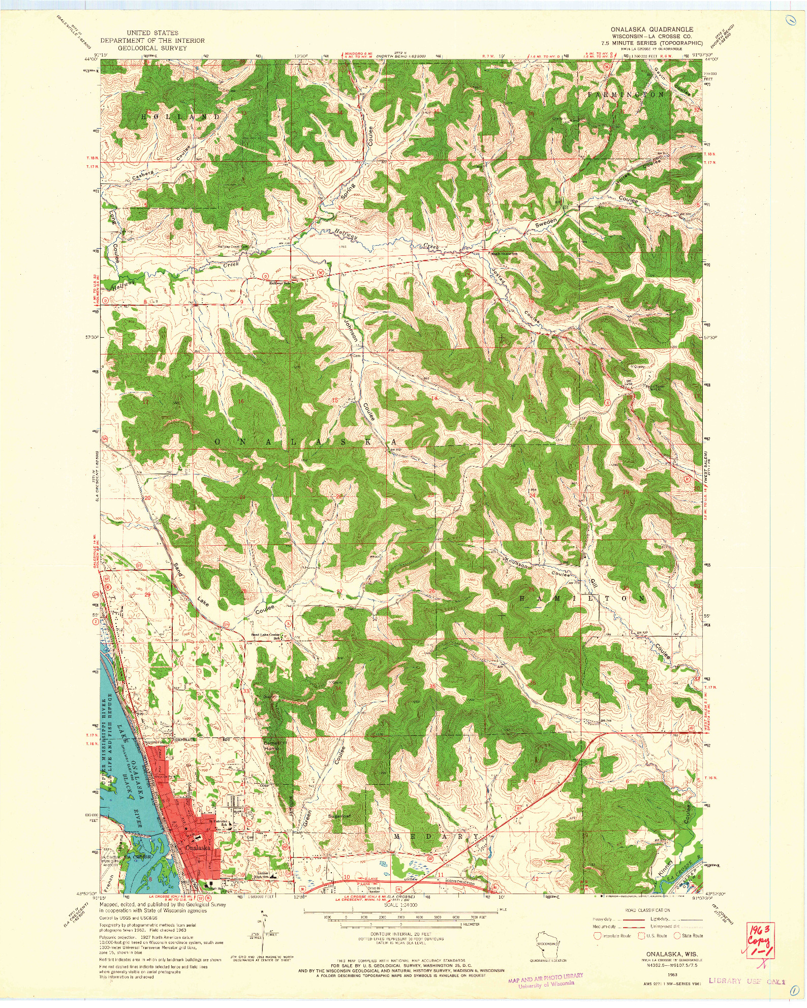 USGS 1:24000-SCALE QUADRANGLE FOR ONALASKA, WI 1963