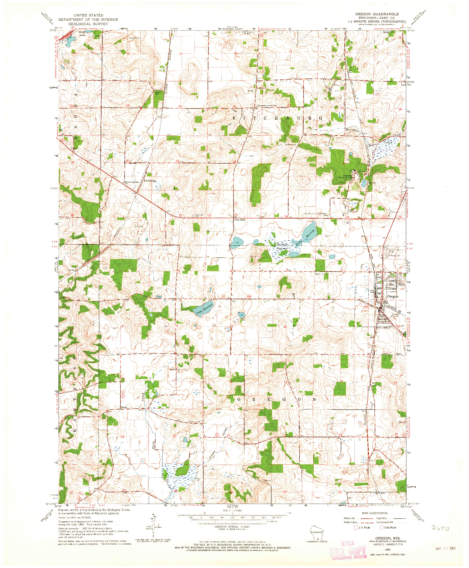 USGS 1:24000-SCALE QUADRANGLE FOR OREGON, WI 1961