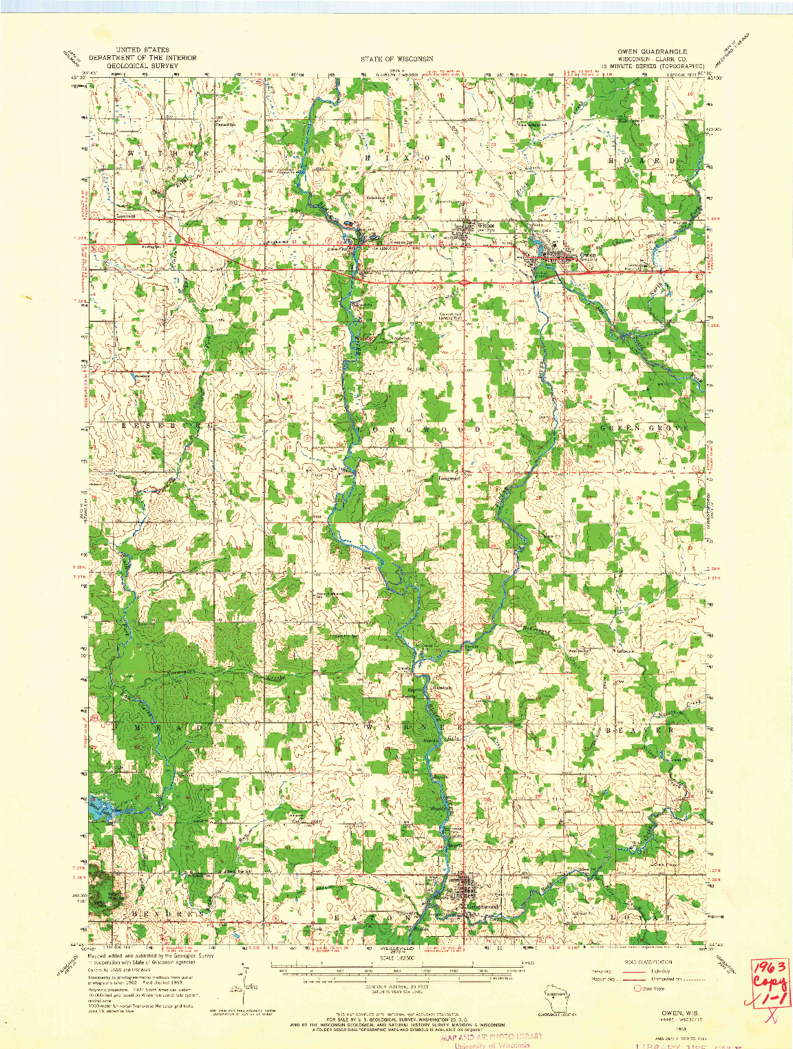 USGS 1:62500-SCALE QUADRANGLE FOR OWEN, WI 1963