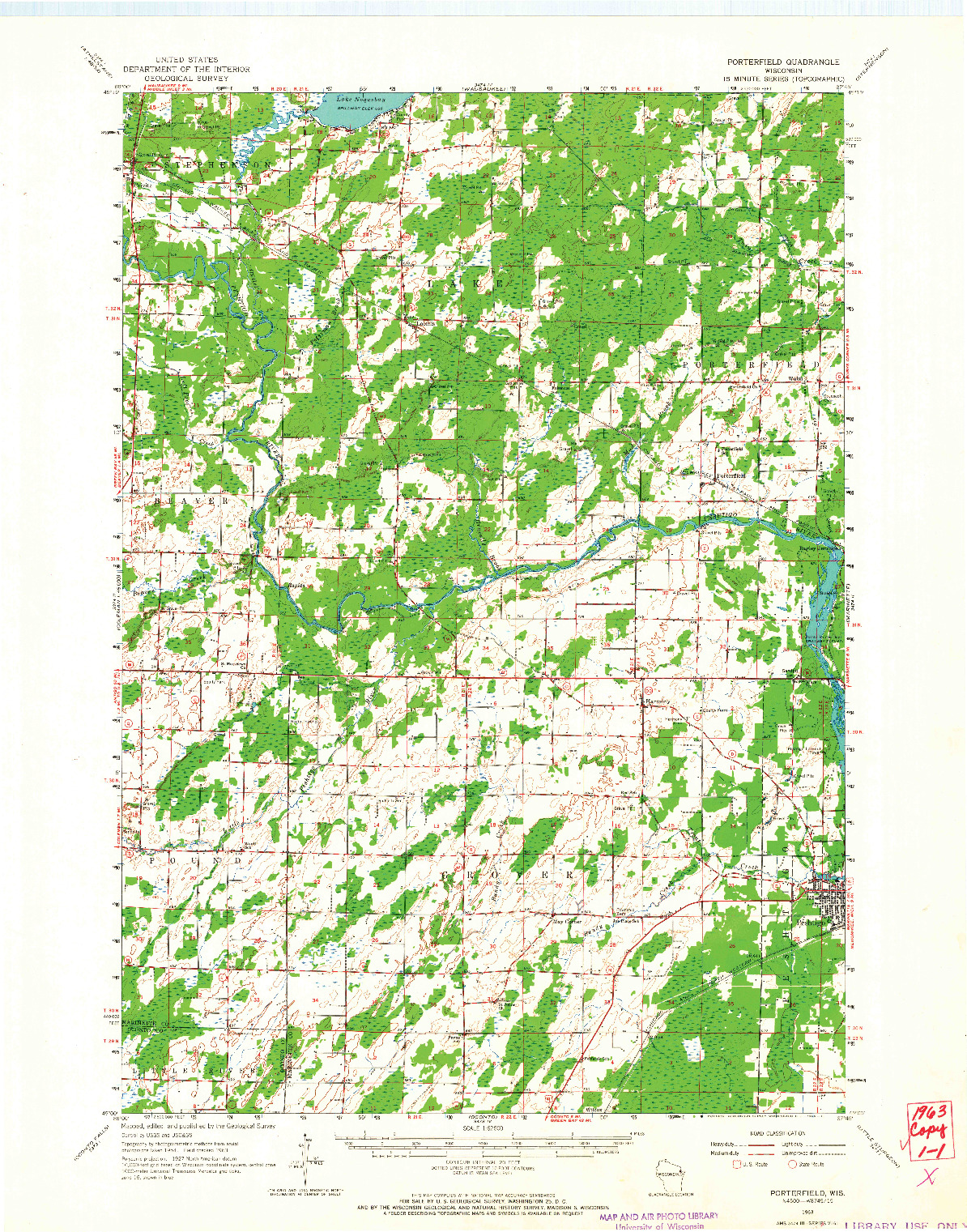 USGS 1:62500-SCALE QUADRANGLE FOR PORTERFIELD, WI 1963