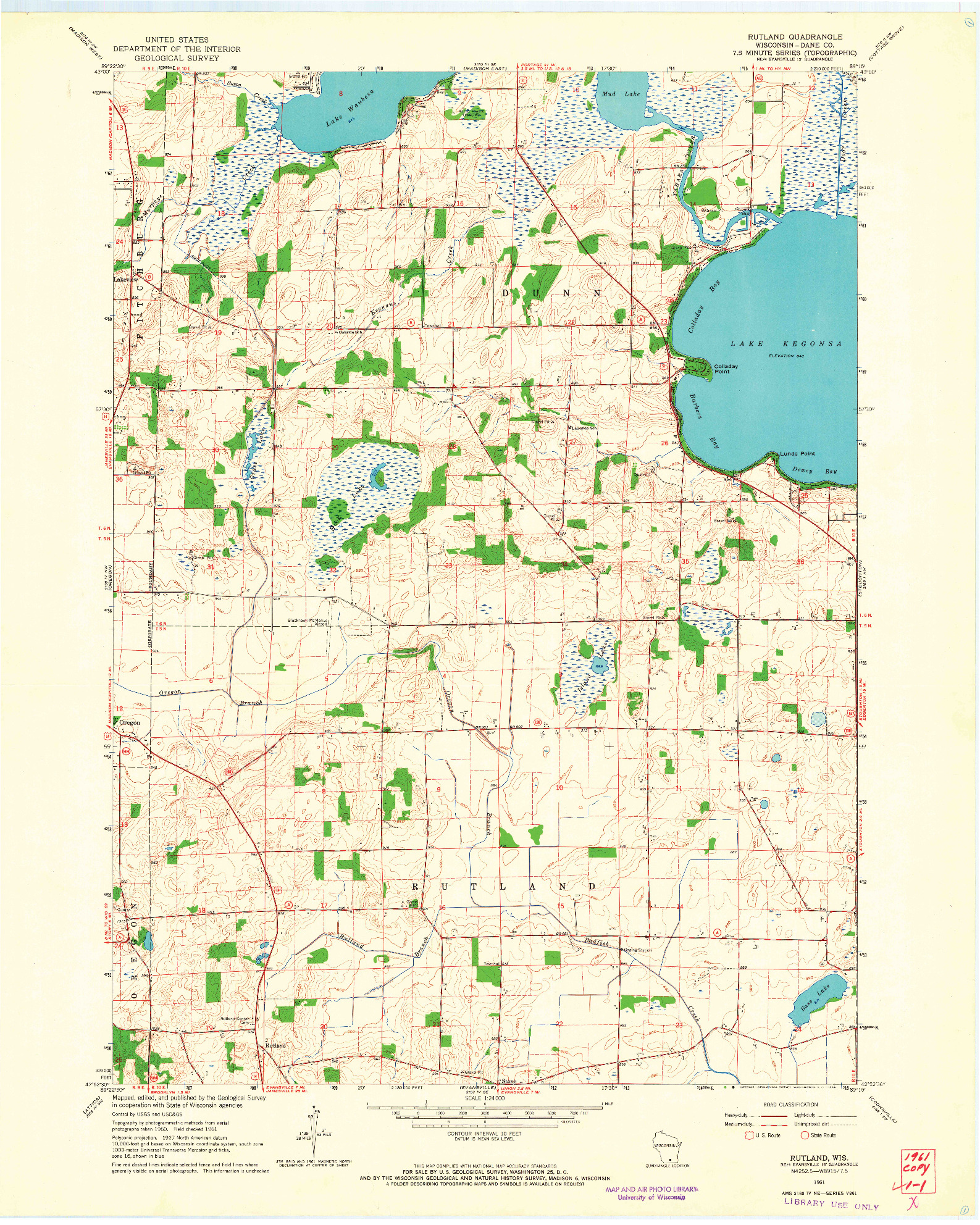 USGS 1:24000-SCALE QUADRANGLE FOR RUTLAND, WI 1961