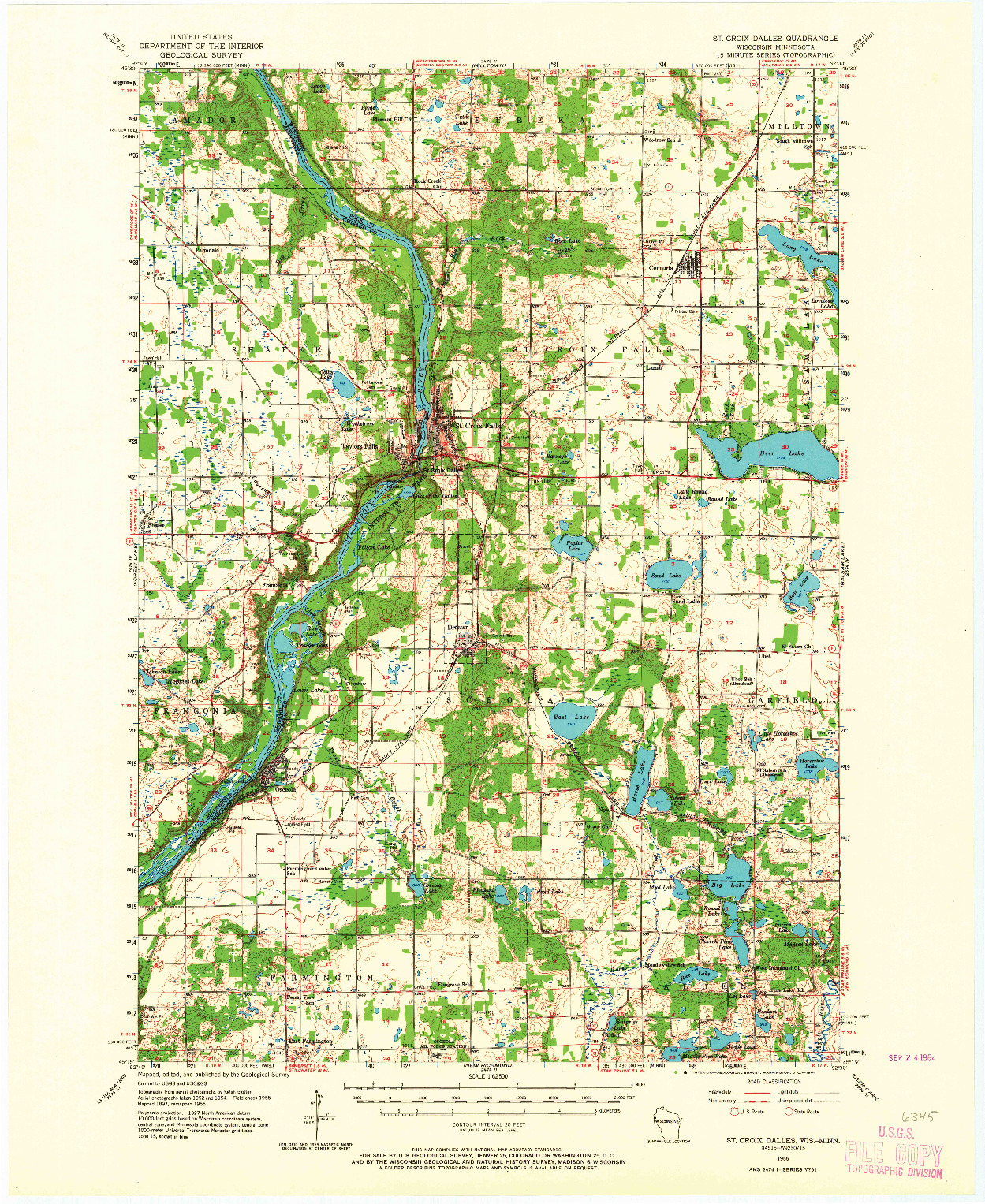 USGS 1:62500-SCALE QUADRANGLE FOR ST CROIX DALLES, WI 1955