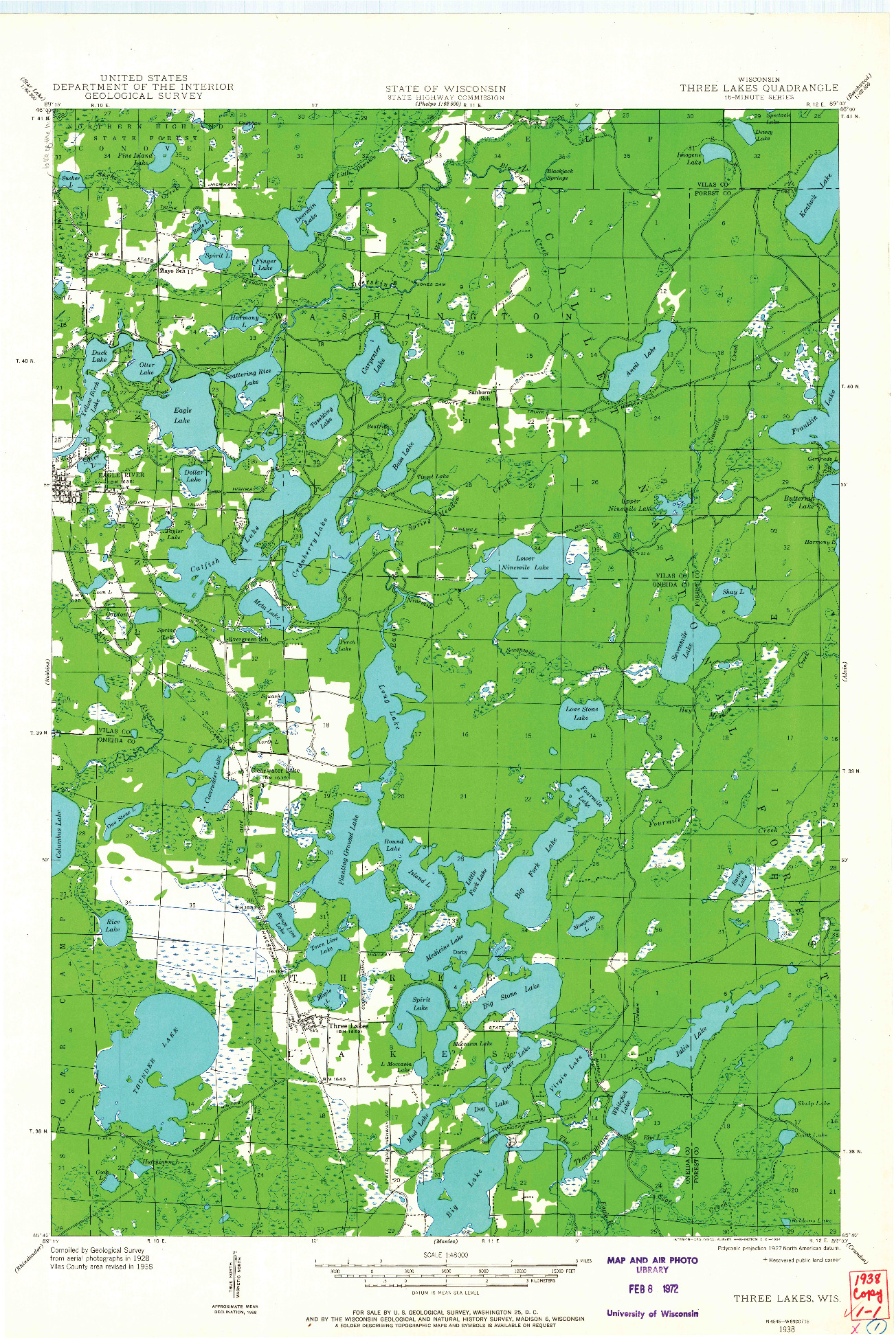 USGS 1:48000-SCALE QUADRANGLE FOR THREE LAKES, WI 1938