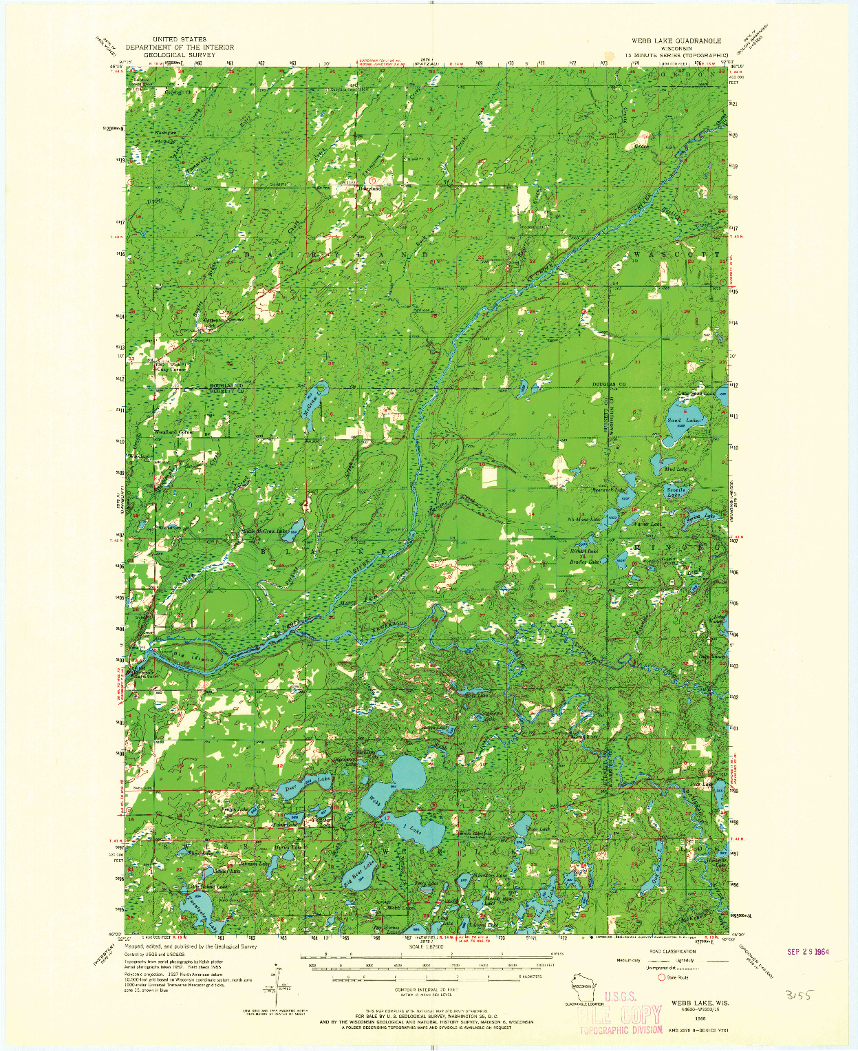 USGS 1:62500-SCALE QUADRANGLE FOR WEBB LAKE, WI 1955