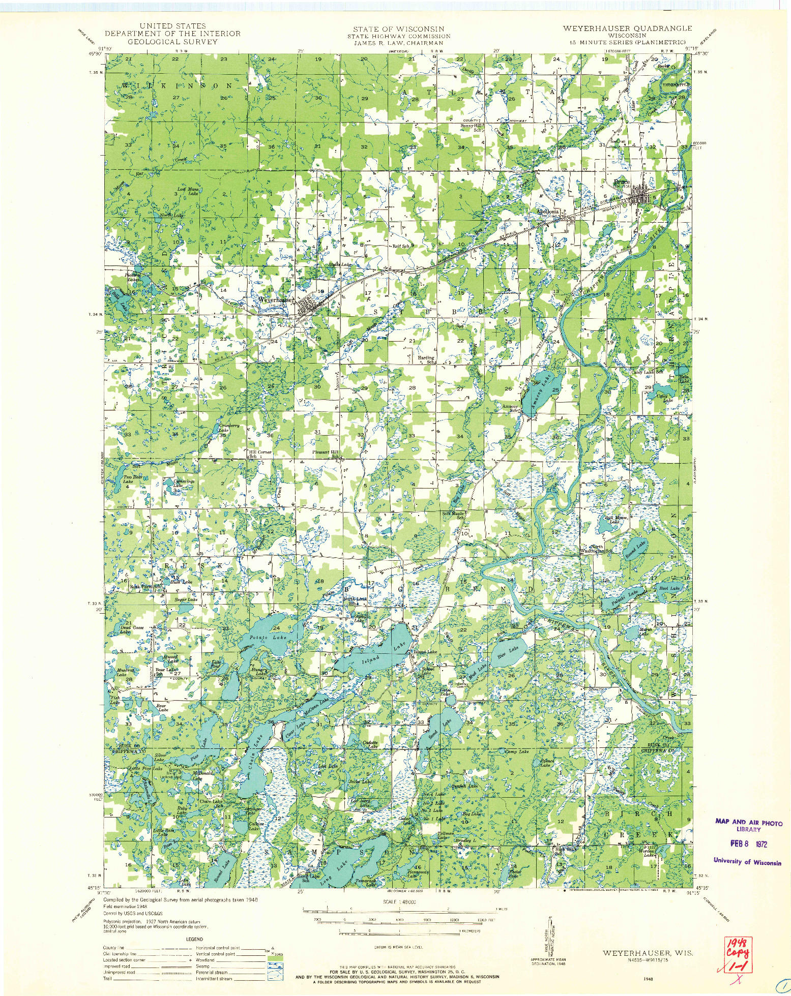 USGS 1:48000-SCALE QUADRANGLE FOR WEYERHAUSER, WI 1948