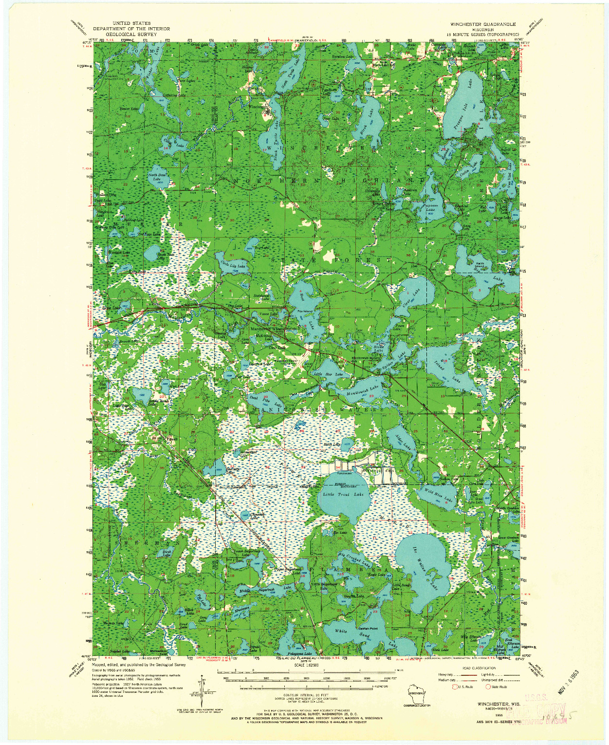 USGS 1:62500-SCALE QUADRANGLE FOR WINCHESTER, WI 1955