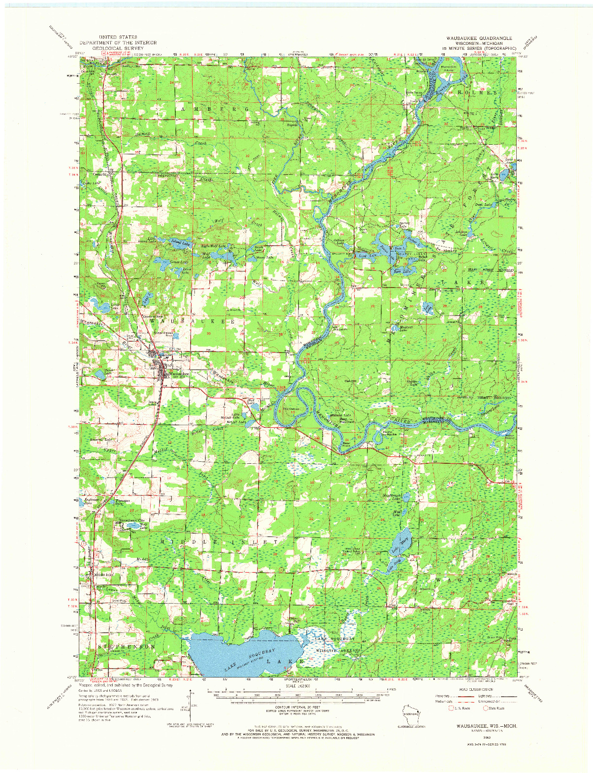 USGS 1:62500-SCALE QUADRANGLE FOR WAUSAUKEE, WI 1963
